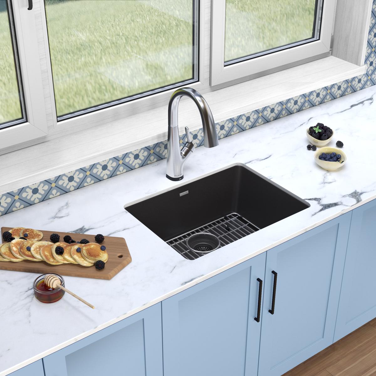 Alternate Image for Elkay Quartz Classic 25" Undermount Quartz Kitchen Sink Kit with Faucet, Single Bowl Black, ELGU2522BK0FLC