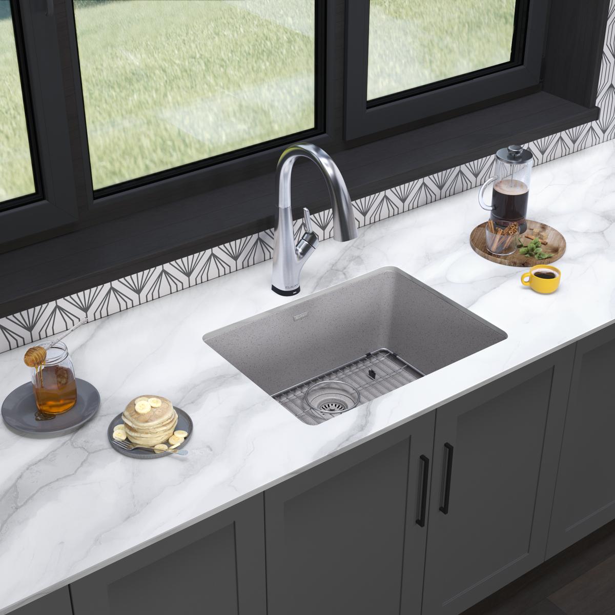 Alternate Image for Elkay Quartz Classic 25" Undermount Quartz Kitchen Sink Kit with Faucet, Single Bowl Greystone, ELGU2522GS0FLC