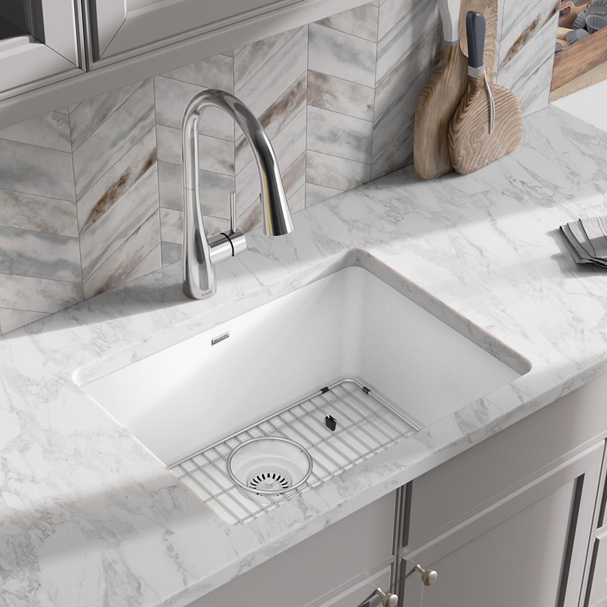 Elkay Quartz Classic 25" Undermount Quartz Kitchen Sink Kit, White, ELGU2522WH0C
