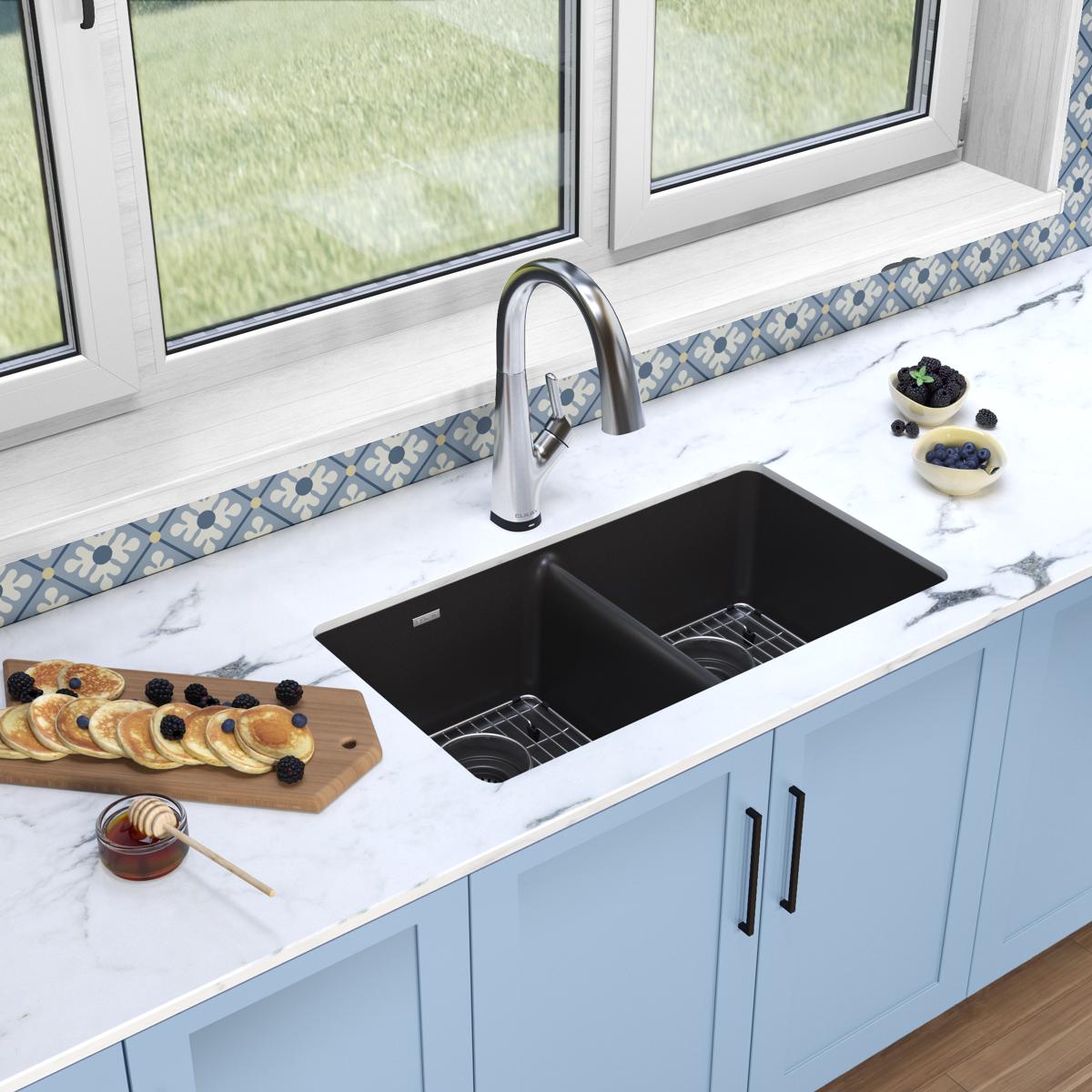 Elkay Quartz Classic 33" Undermount Quartz Kitchen Sink Kit with Faucet, 50/50 Double Bowl, Black, ELGU3322BK0FLC