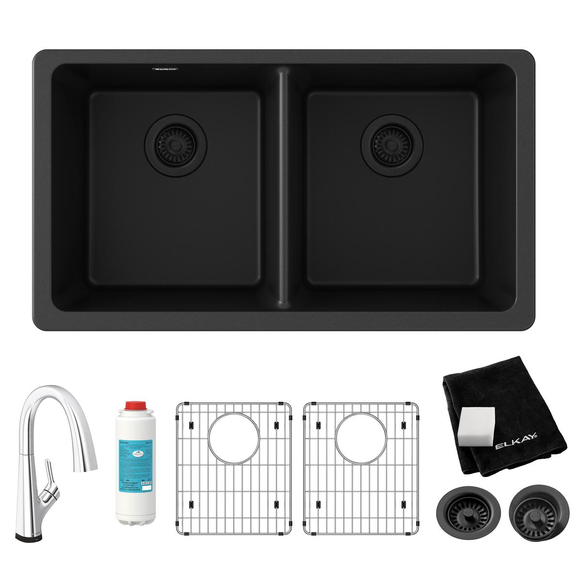 Alternate Image for Elkay Quartz Classic 33" Undermount Quartz Kitchen Sink Kit with Faucet, 50/50 Double Bowl, Black, ELGU3322BK0FLC
