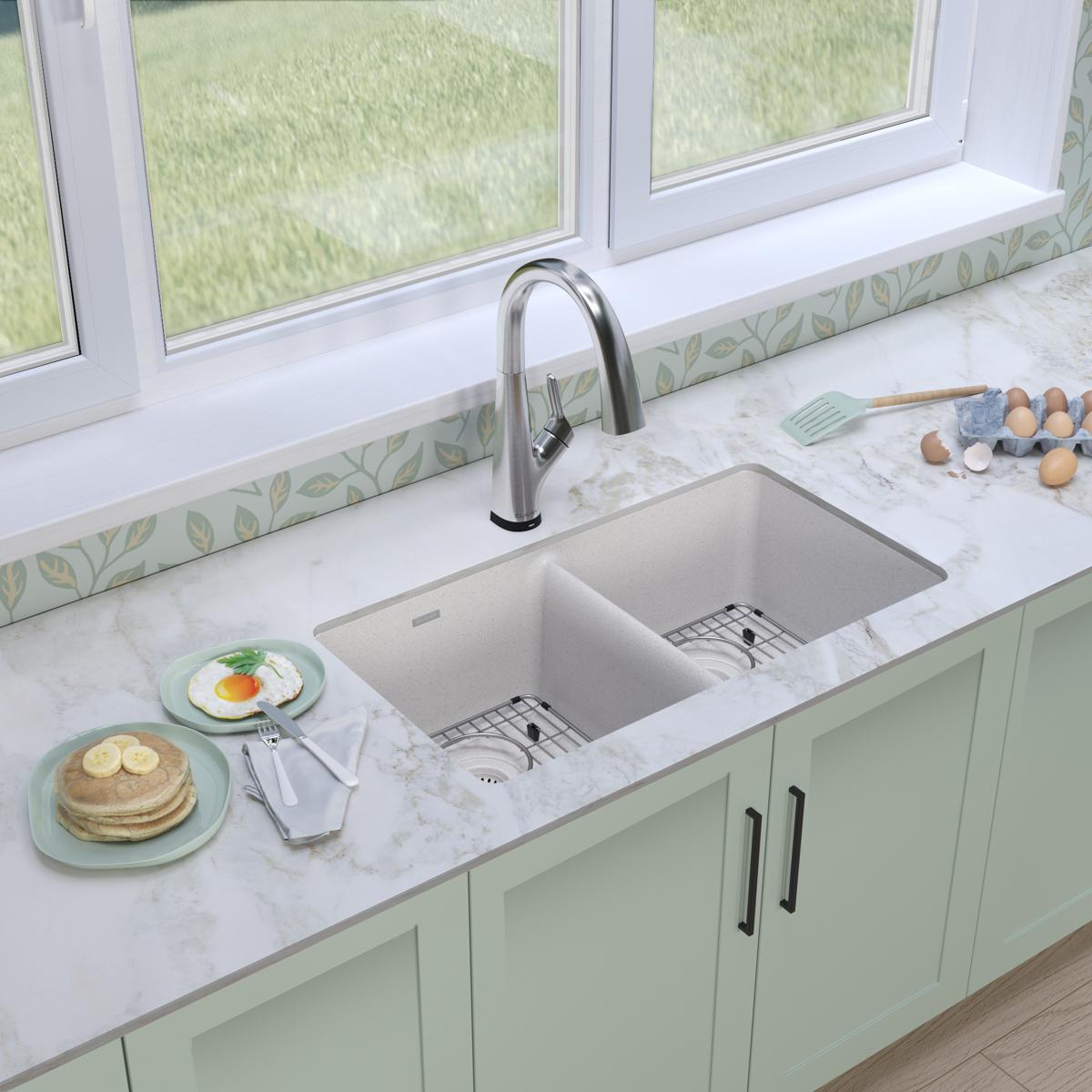 Alternate Image for Elkay Quartz Classic 33" Undermount Quartz Kitchen Sink Kit with Faucet, 50/50 Double Bowl, White, ELGU3322WH0FLC