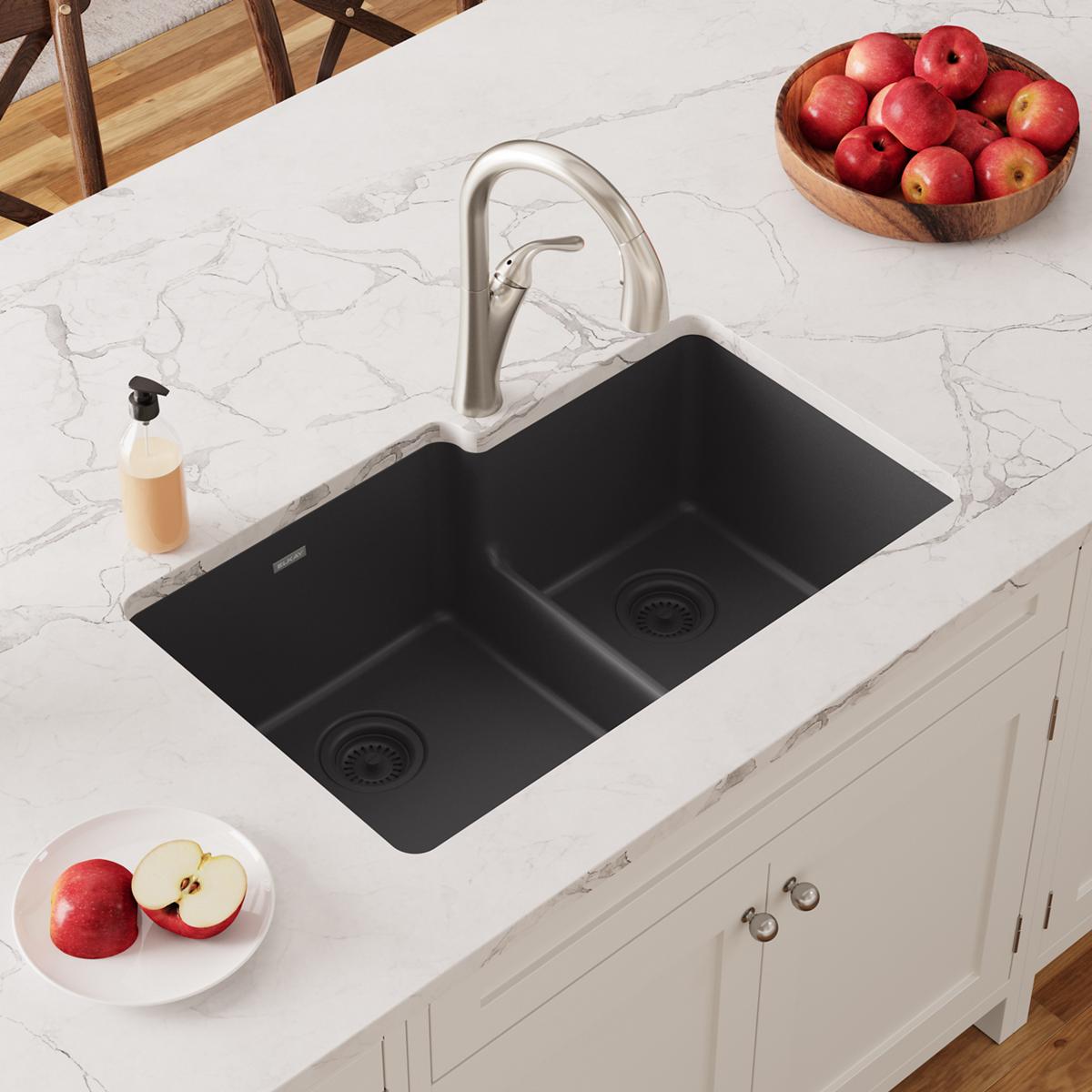 Alternate Image for Elkay Quartz Classic 33" Undermount Quartz Kitchen Sink, 60/40 Double Bowl, Black, ELGULBO3322BK0