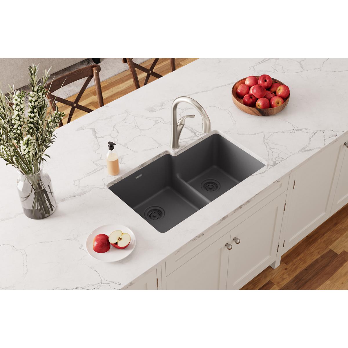 Elkay Quartz Classic 33" Undermount Quartz Kitchen Sink, 60/40 Double Bowl, Dusk Gray, ELGULBO3322GY0