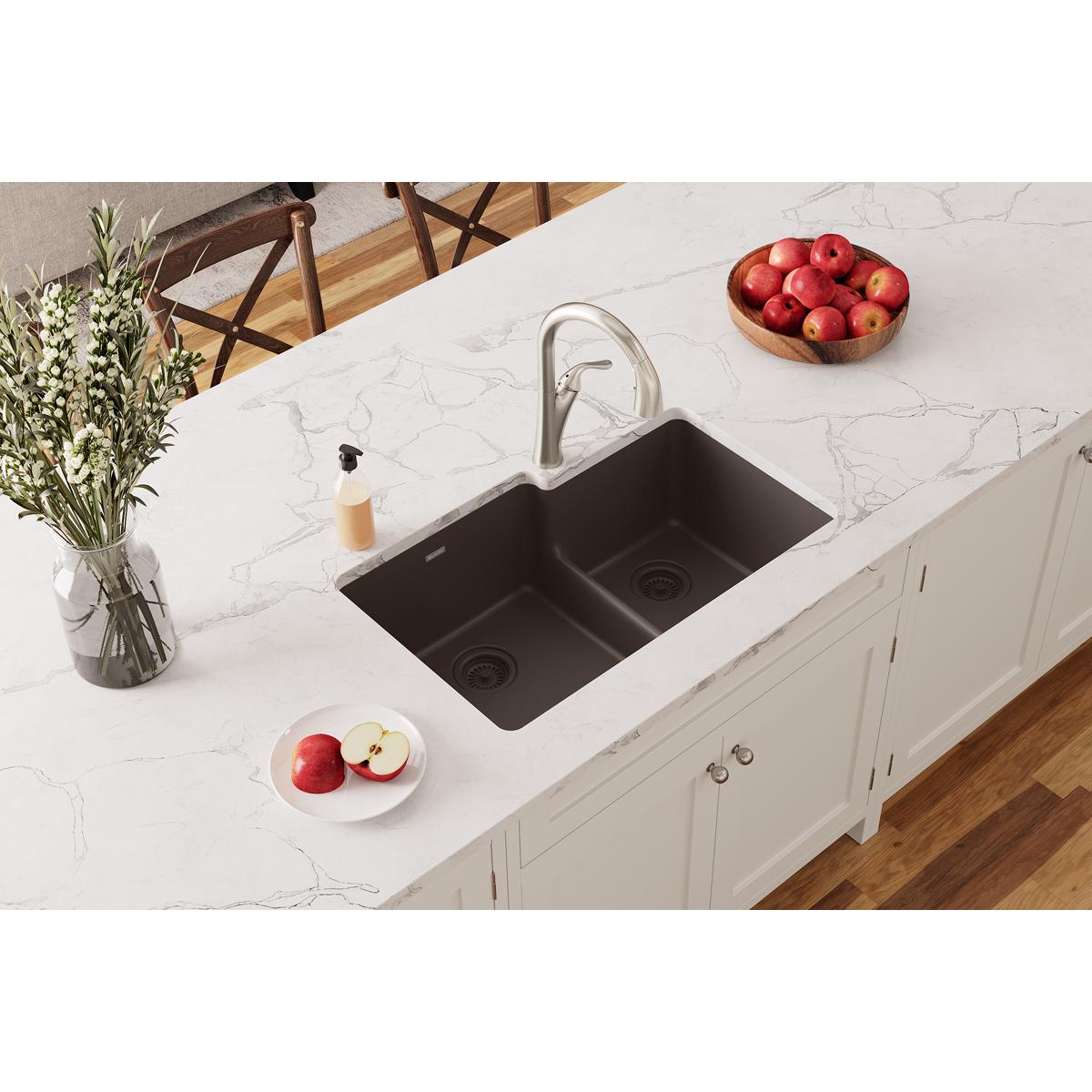 Alternate Image for Elkay Quartz Classic 33" Undermount Quartz Kitchen Sink, 60/40 Double Bowl, Mocha, ELGULBO3322MC0