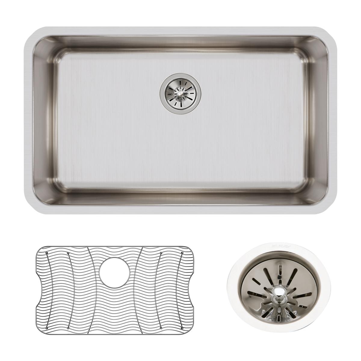 Elkay Lustertone Classic 31" Undermount Stainless Steel Kitchen Sink Kit, Lustrous Satin, 18 Gauge, ELUH281610DBG