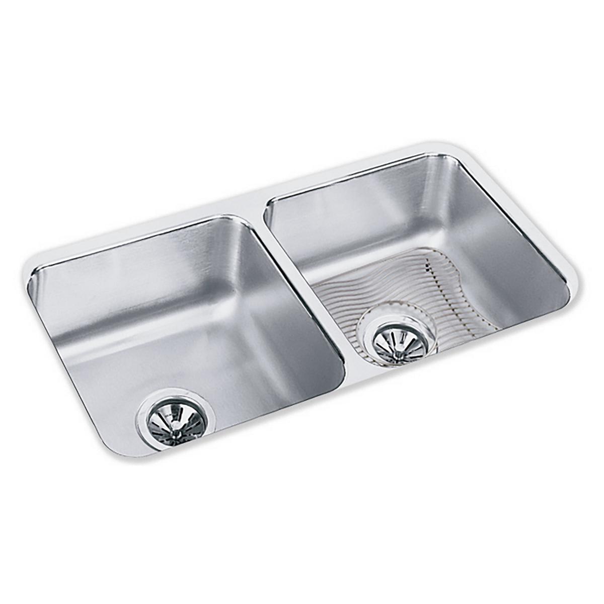 Elkay Lustertone Classic 32" Undermount Stainless Steel Kitchen Sink Kit, 50/50 Double Bowl, Lustrous Satin, 18 Gauge, ELUH3116DBG
