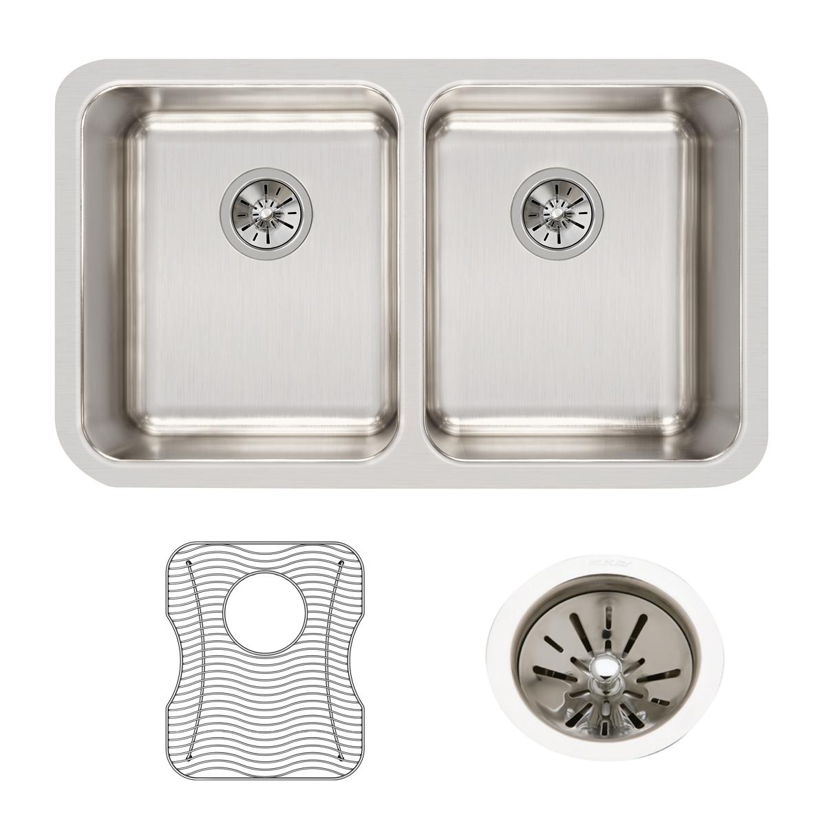 Elkay Lustertone Classic 31" Undermount Stainless Steel Kitchen Sink Kit, 50/50 Double Bowl, Lustrous Satin, 18 Gauge, ELUH311810DBG