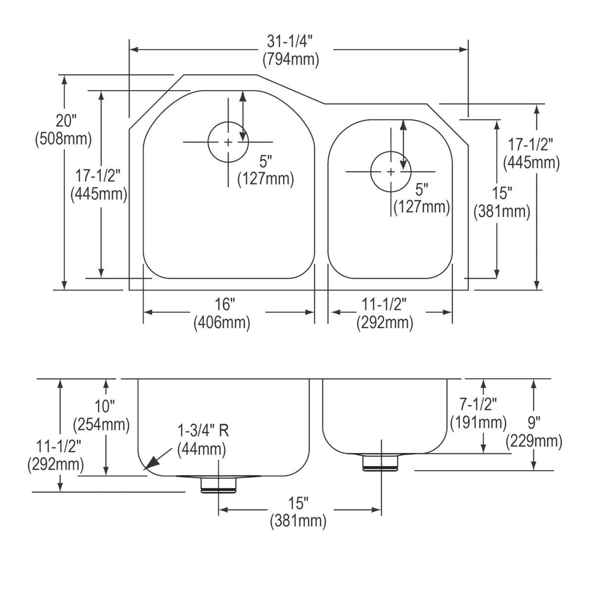Alternate Image for Elkay Lustertone Classic 31" Undermount Stainless Steel Kitchen Sink, 60/40 Double Bowl, Lustrous Satin, 18 Gauge, ELUH311910RPD
