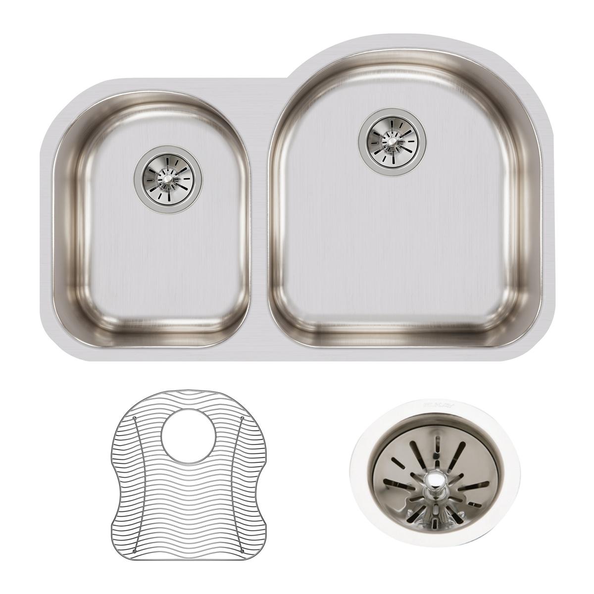Elkay Lustertone Classic 31" Undermount Stainless Steel Kitchen Sink Kit, 40/60 Double Bowl, Lustrous Satin, 18 Gauge, ELUH3119LDBG