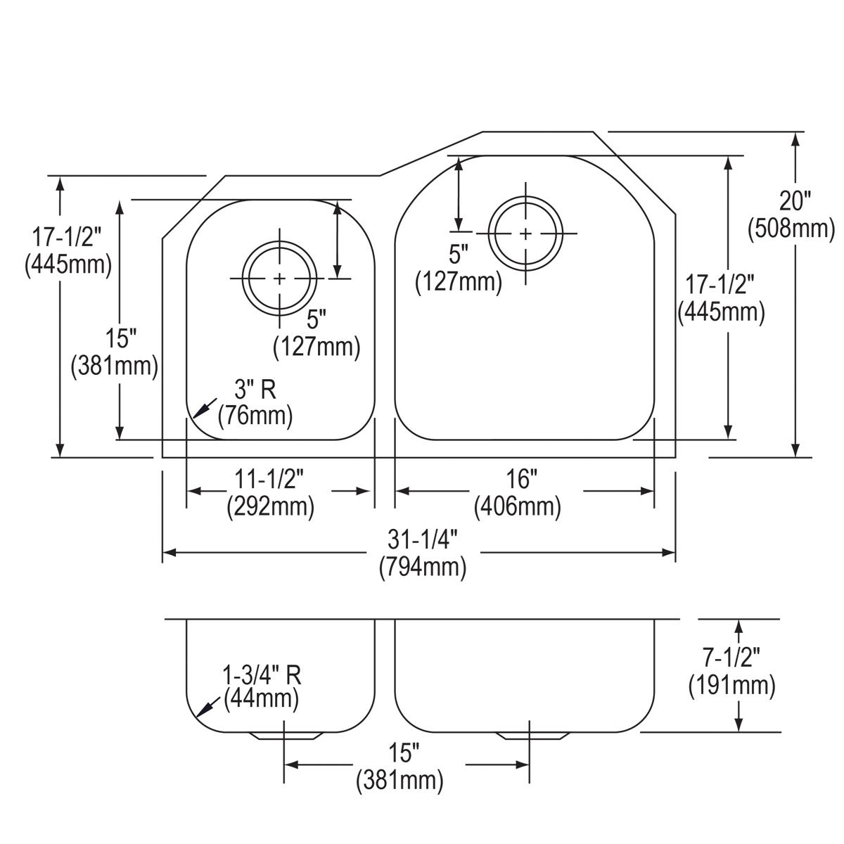 Alternate Image for Elkay Lustertone Classic 31" Undermount Stainless Steel Kitchen Sink Kit, 40/60 Double Bowl, Lustrous Satin, 18 Gauge, ELUH3119LDBG