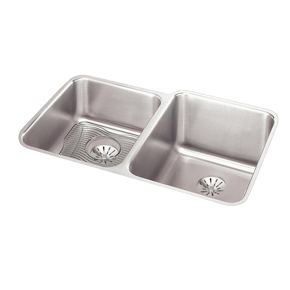 Elkay Lustertone Classic 31" Undermount Stainless Steel Kitchen Sink Kit, 40/60 Double Bowl, Lustrous Satin, 18 Gauge, ELUH3120LPDBG
