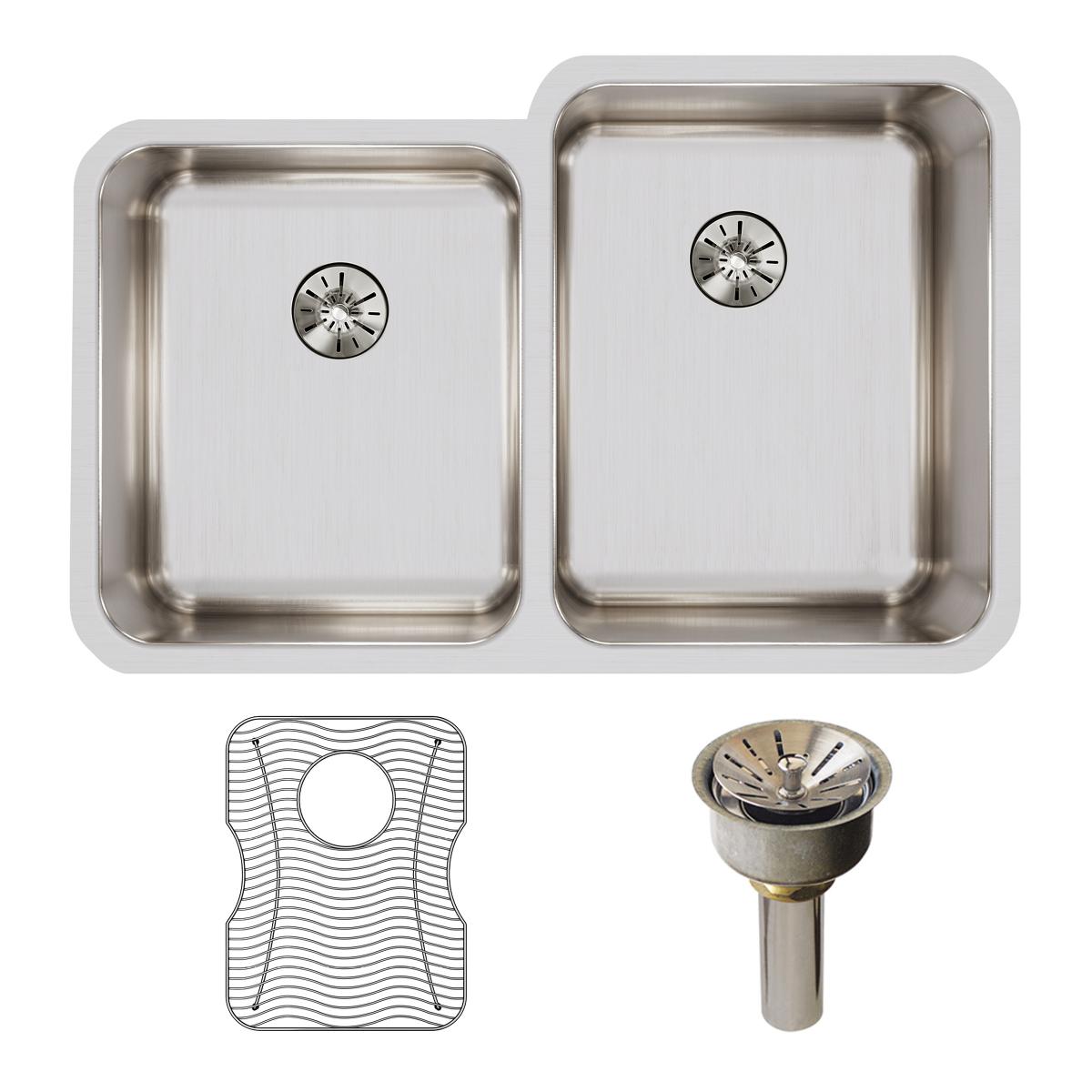 Elkay Lustertone Classic 31" Undermount Stainless Steel Kitchen Sink Kit, 40/60 Double Bowl, Lustrous Satin, 18 Gauge, ELUH3120LPDBG