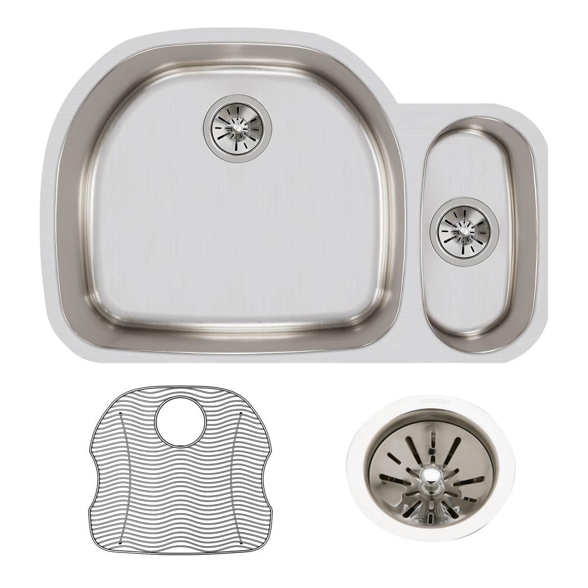 Elkay Lustertone Classic 32" Undermount Stainless Steel Kitchen Sink Kit, 60/40 Double Bowl, Lustrous Satin, 18 Gauge, ELUH3221RDBG