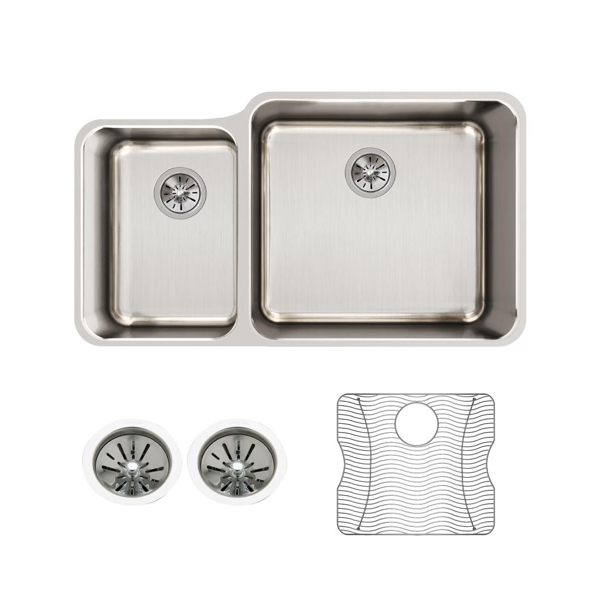 Elkay Lustertone Classic 35" Undermount Stainless Steel Kitchen Sink Kit, 40/60 Double Bowl, Lustrous Satin, 18 Gauge, ELUH3520LDBG