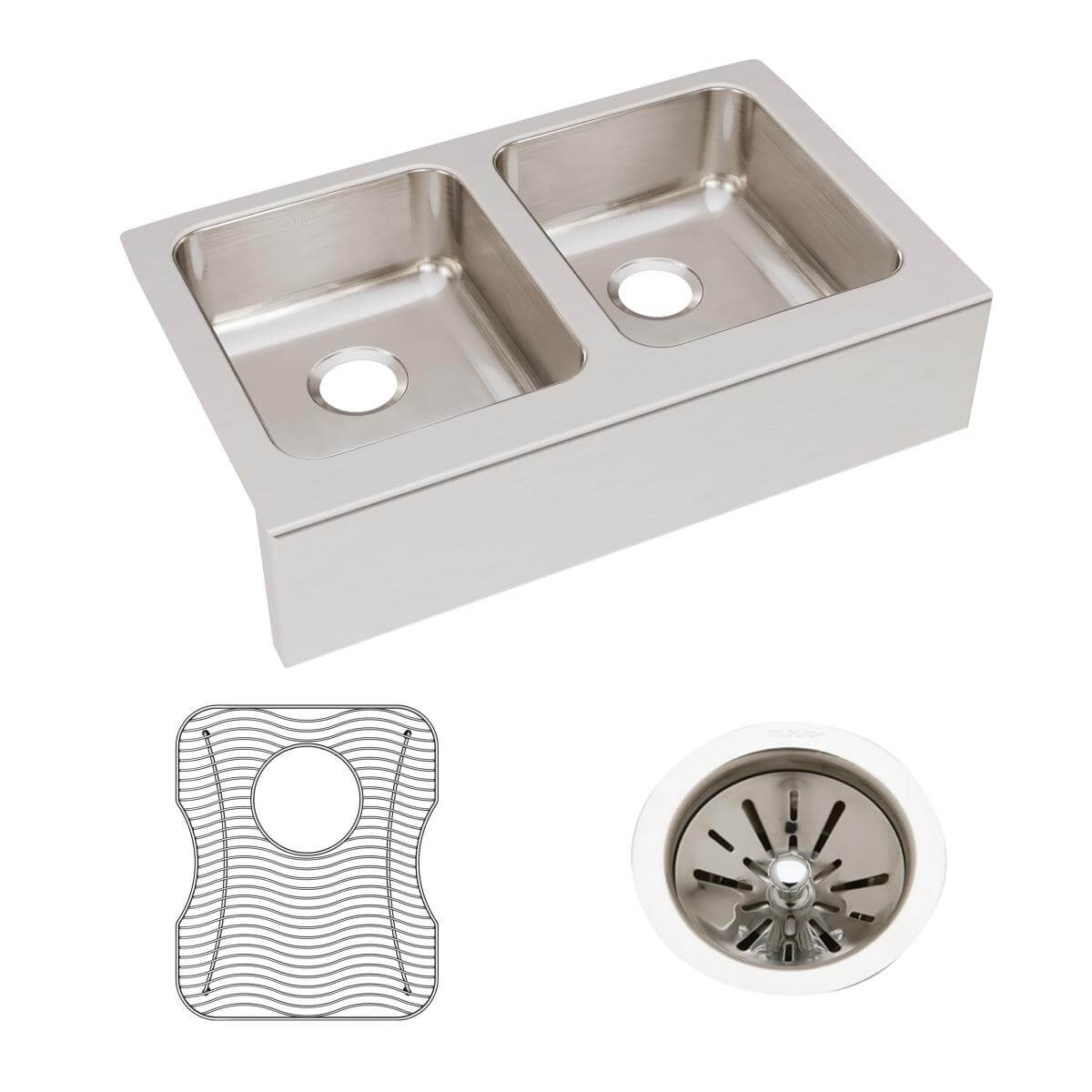 Elkay Lustertone Classic 33" Stainless Steel Farmhouse Sink Kit, 50/50 Double Bowl, Lustrous Satin, 18 Gauge, ELUHF3320DBG
