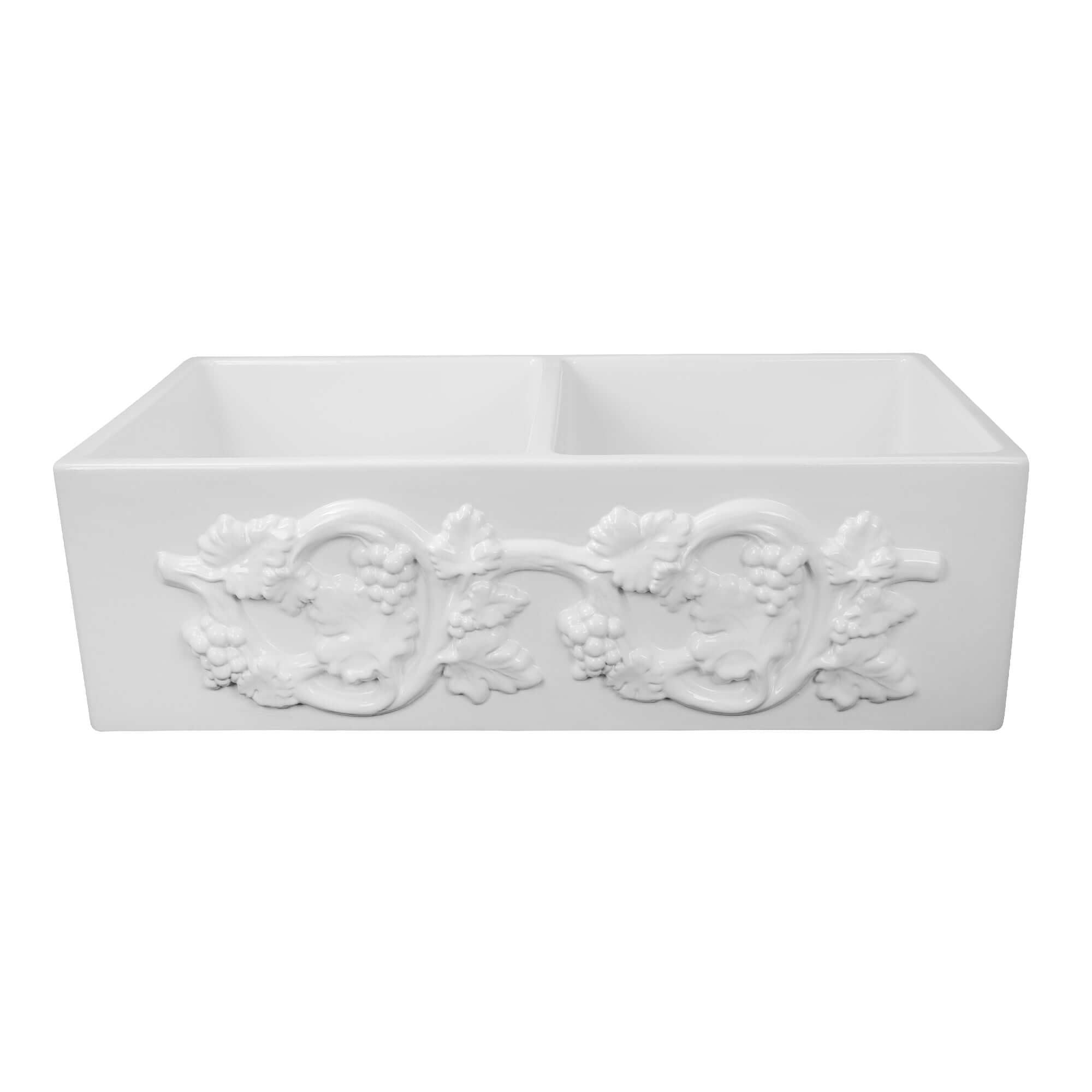 Nantucket Sinks Vineyard 33" Fireclay Farmhouse Sink with Accessories, 50/50 Double Bowl, White, FCFS3318D-Grapes