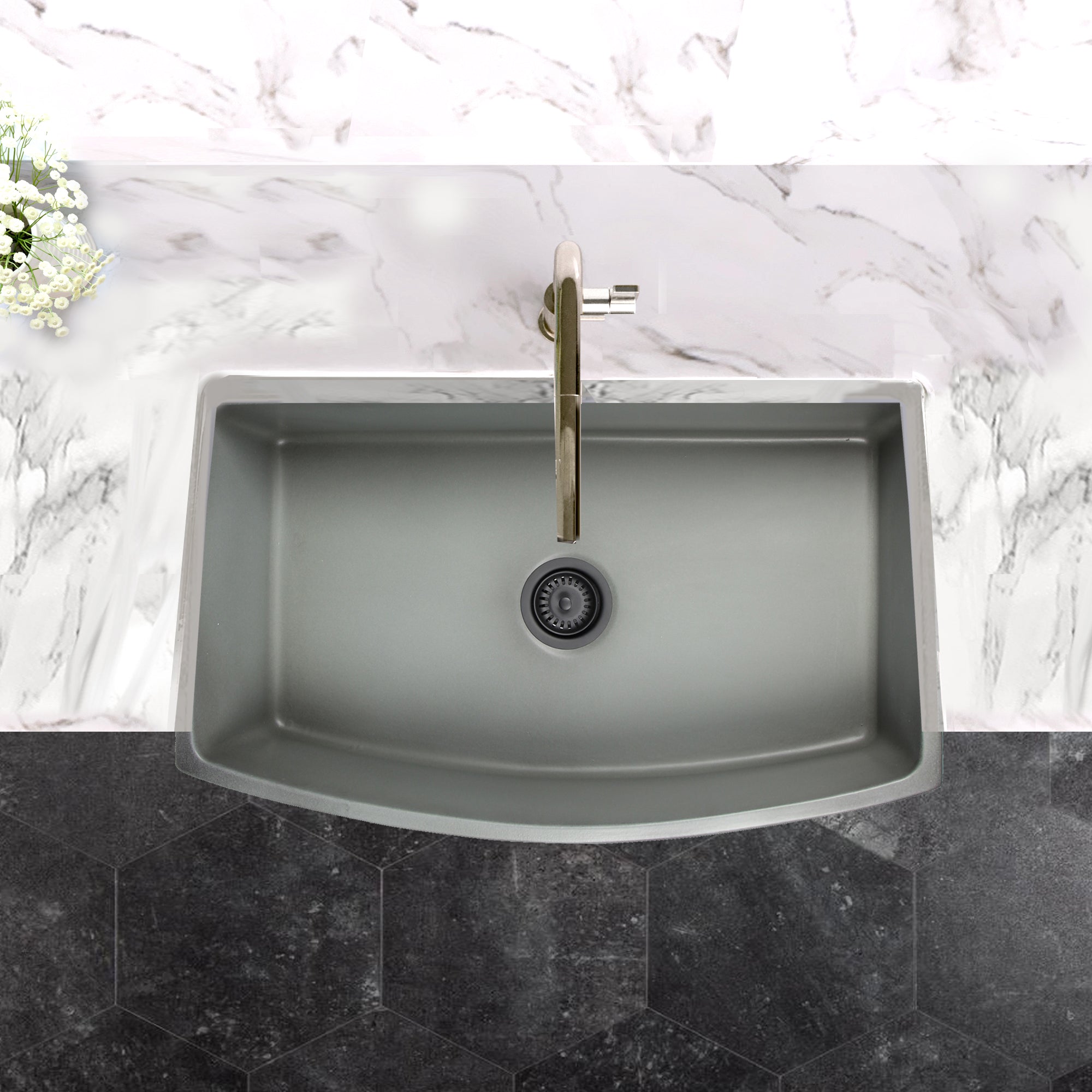Nantucket Sinks Vineyard 33" Fireclay Farmhouse Sink with Accessories, Concrete, FCFS3320CA-C