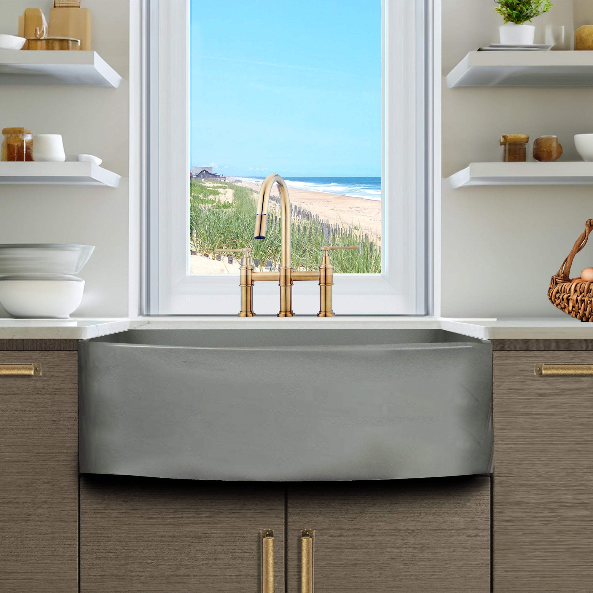 Nantucket Sinks Vineyard 33" Fireclay Farmhouse Sink with Accessories, Concrete, FCFS3320CA-C