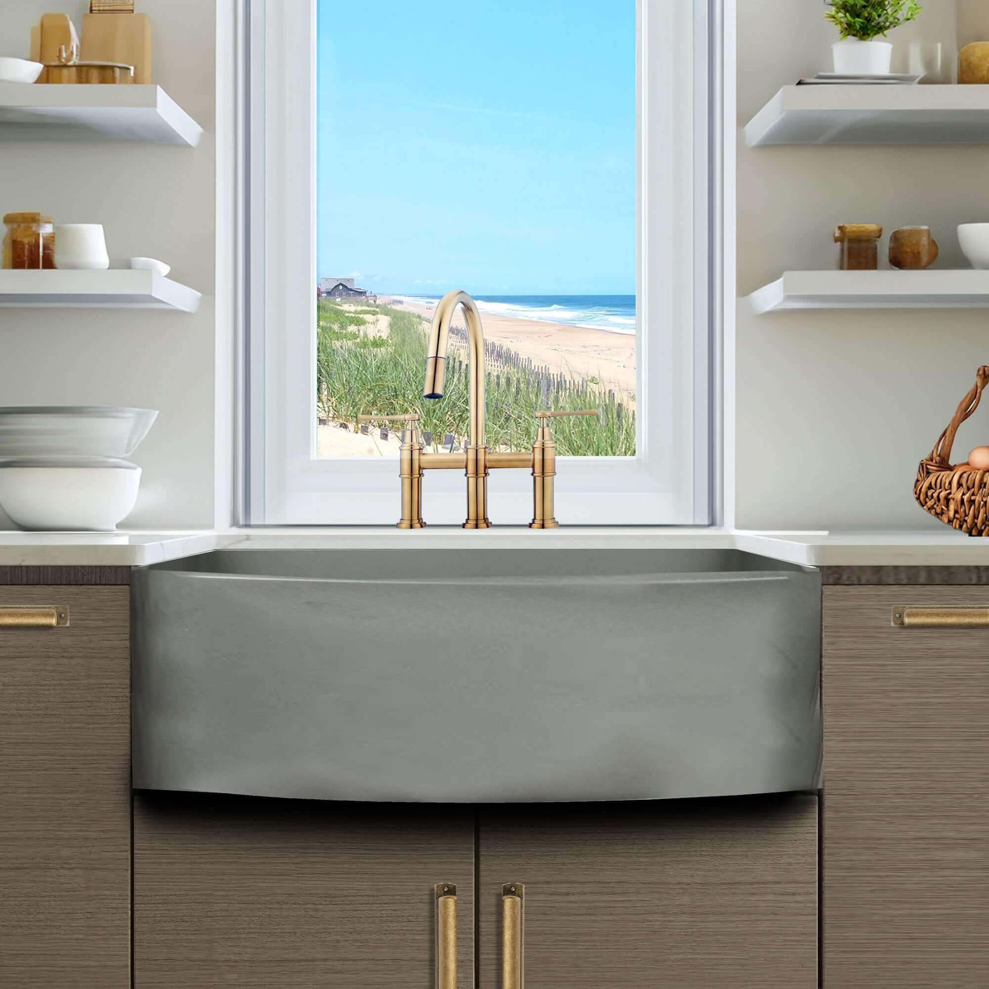 Fregadero Nantucket Sinks Vineyard de 83 cm de arcilla refractaria estilo granja con accesorios, hormigón, FCFS3320CA-C