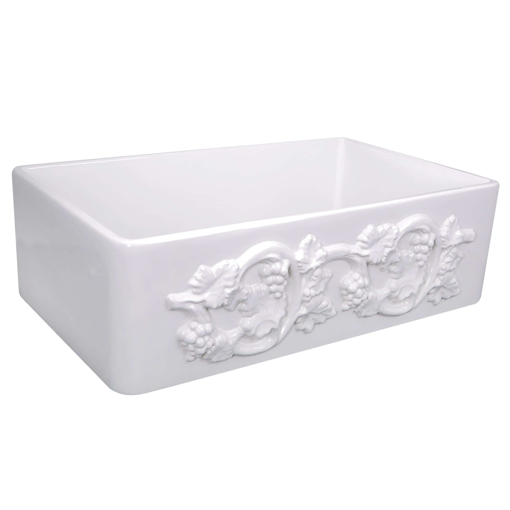 Nantucket Sinks Vineyard 33" Fireclay Farmhouse Sink with Accessories, White, FCFS3320S-Grapes