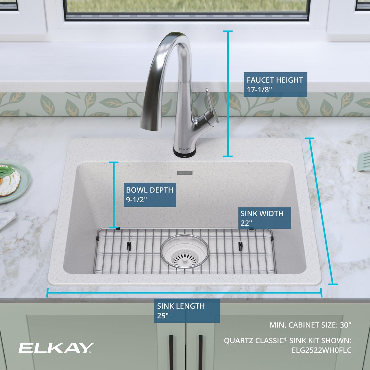 Alternate Image for Elkay Quartz Classic 25" Drop In/Topmount Quartz Kitchen Sink Kit with Faucet, Single Bowl White, 5 Pre-scored Faucet Holes, ELG2522WH0FLC