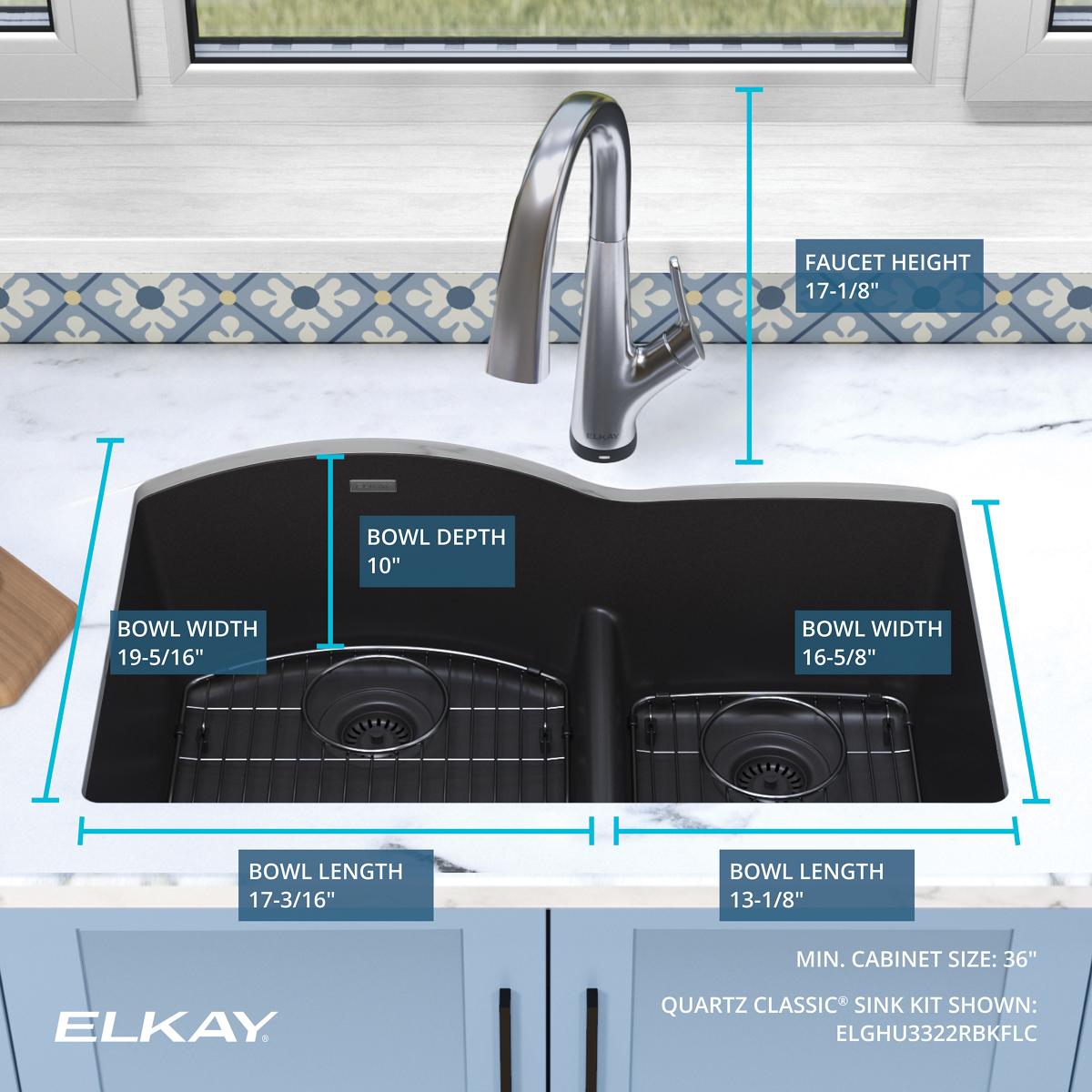 Alternate Image for Elkay Quartz Classic 33" Undermount Quartz Kitchen Sink Kit with Faucet, 60/40 Double Bowl, Black, ELGHU3322RBKFLC
