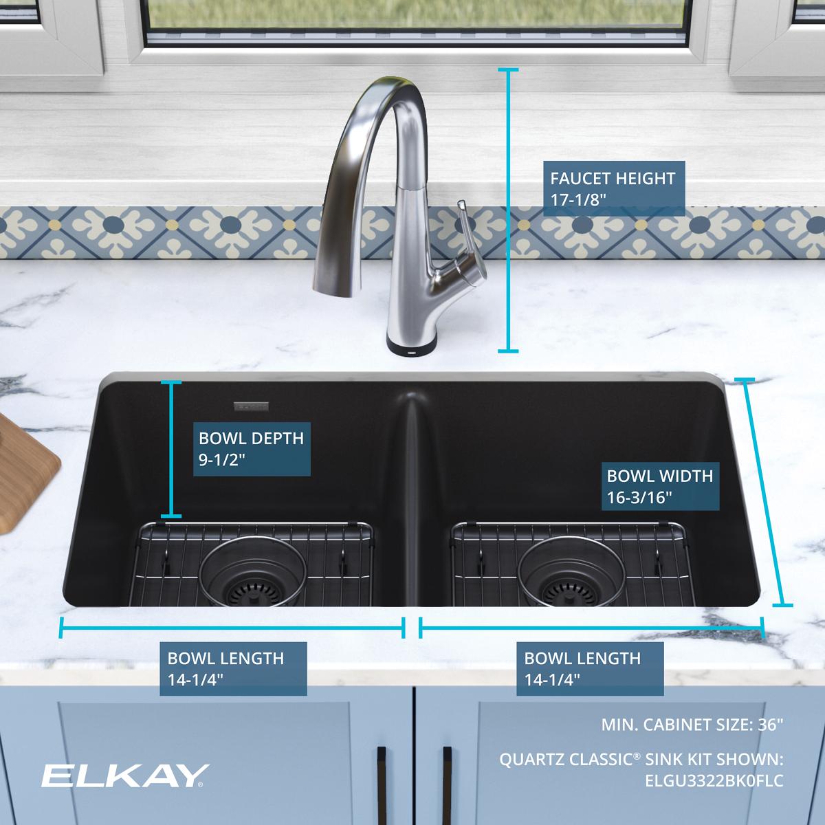 Alternate Image for Elkay Quartz Classic 33" Undermount Quartz Kitchen Sink Kit with Faucet, 50/50 Double Bowl, Black, ELGU3322BK0FLC