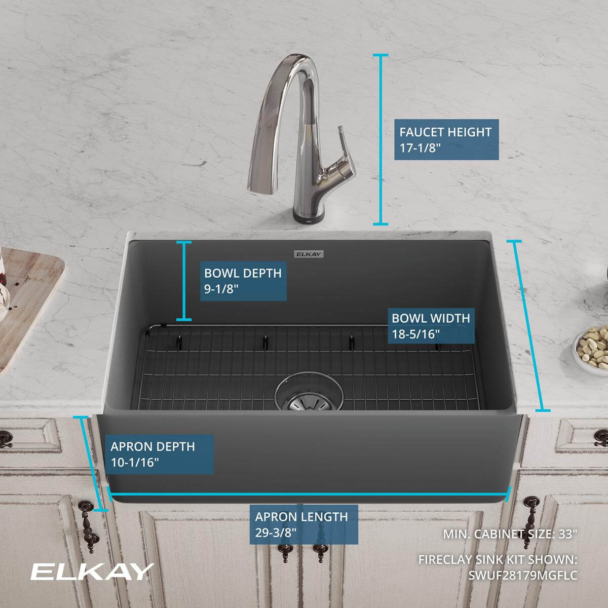 Alternate Image for Elkay 30" Fireclay Farmhouse Sink Kit with Faucet, Single Bowl Matte Gray, SWUF28179MGFLC