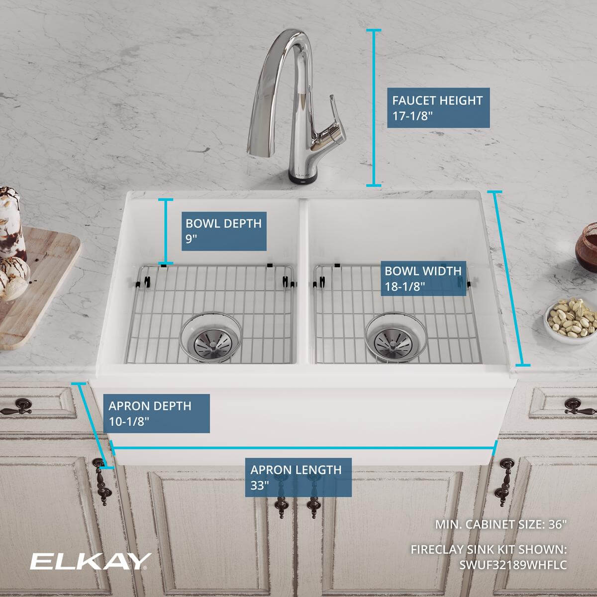 Alternate Image for Elkay 33" Fireclay Farmhouse Sink Kit with Faucet, 50/50 Double Bowl, White, SWUF32189WHFLC