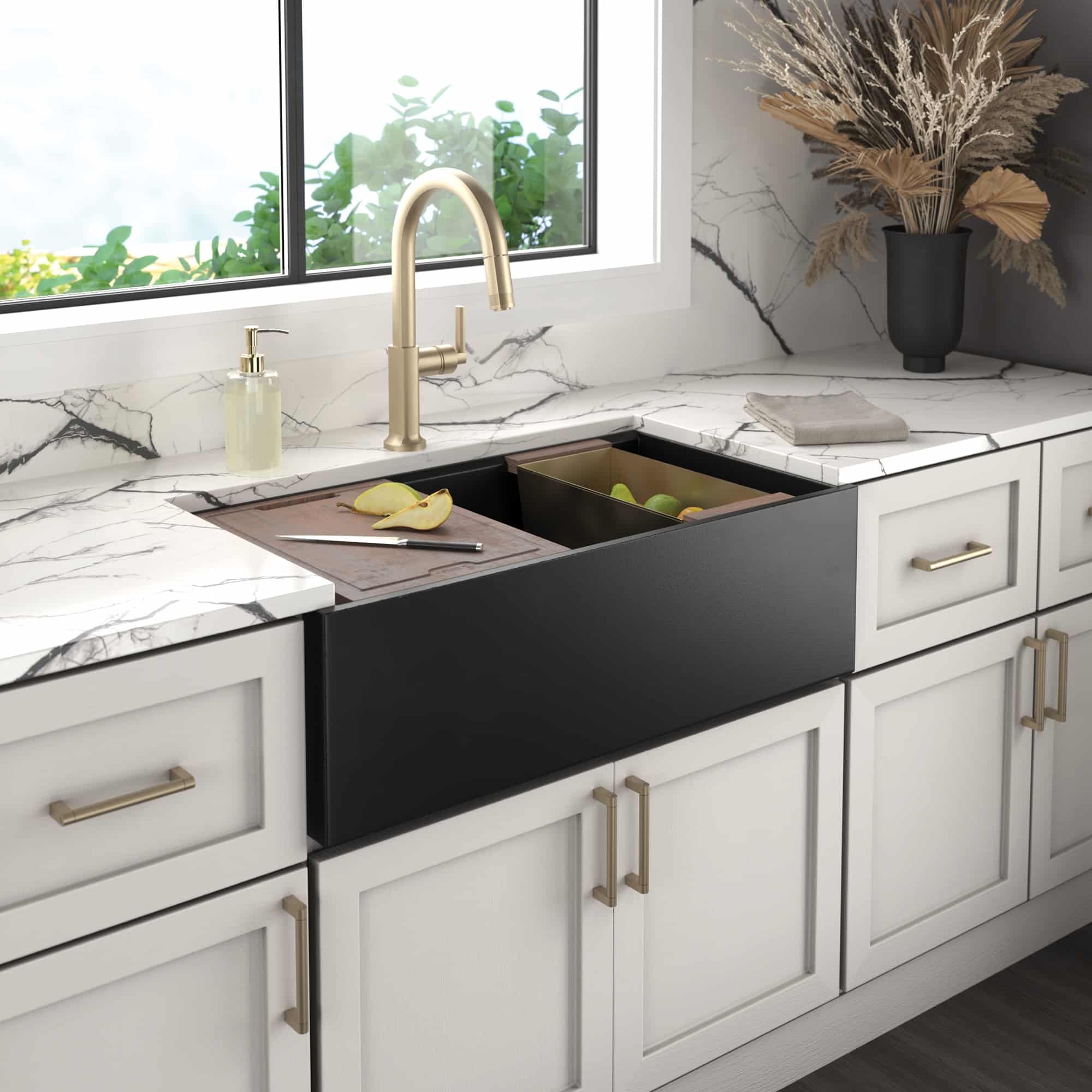 Native Trails Concierge 33" NativeStone Concrete Workstation Farmhouse Kitchen Sink, Charcoal, NSKG3318-C