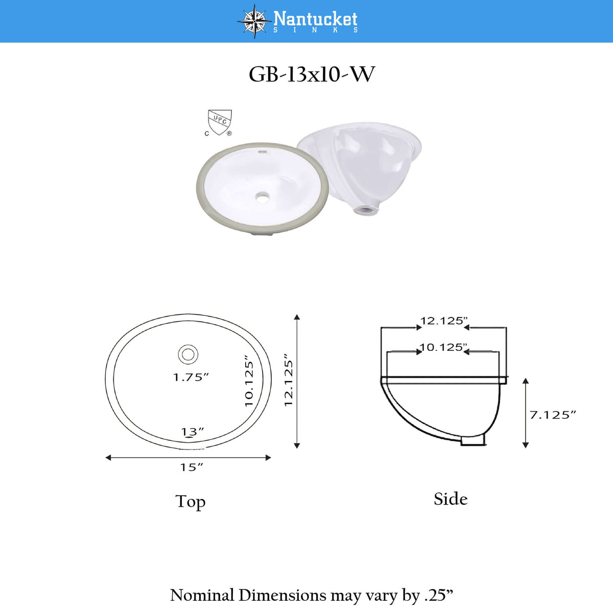 Nantucket Sinks Great Point 15" x 12.125" Oval Undermount Ceramic - Vitreous China Bathroom Sink, White, GB-13x10-W