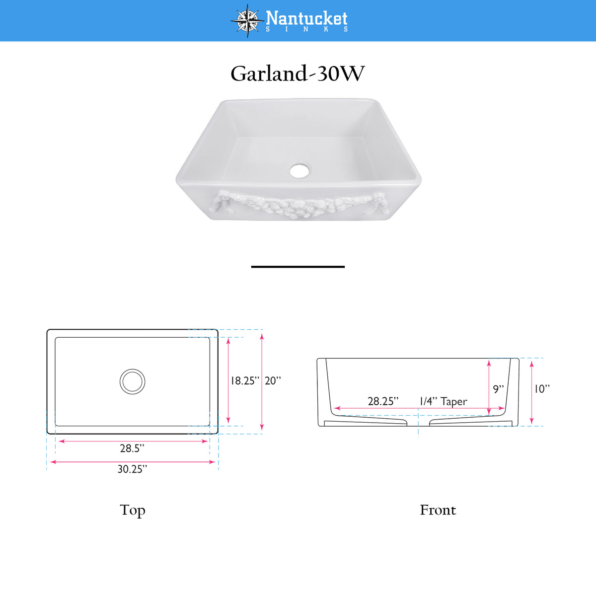 Nantucket Sinks Cape 30" Fireclay Farmhouse Sink, White, Garland-30W