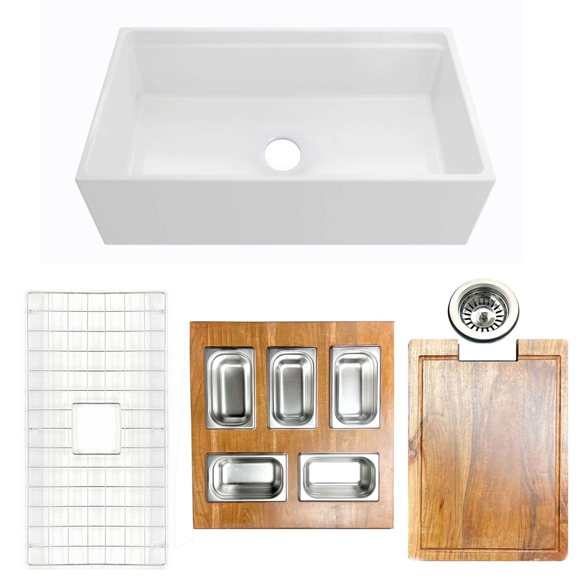 Nantucket Sinks Cape 33" Fireclay Farmhouse Sink with Accessories, White, HZ-TPS33W-ST1