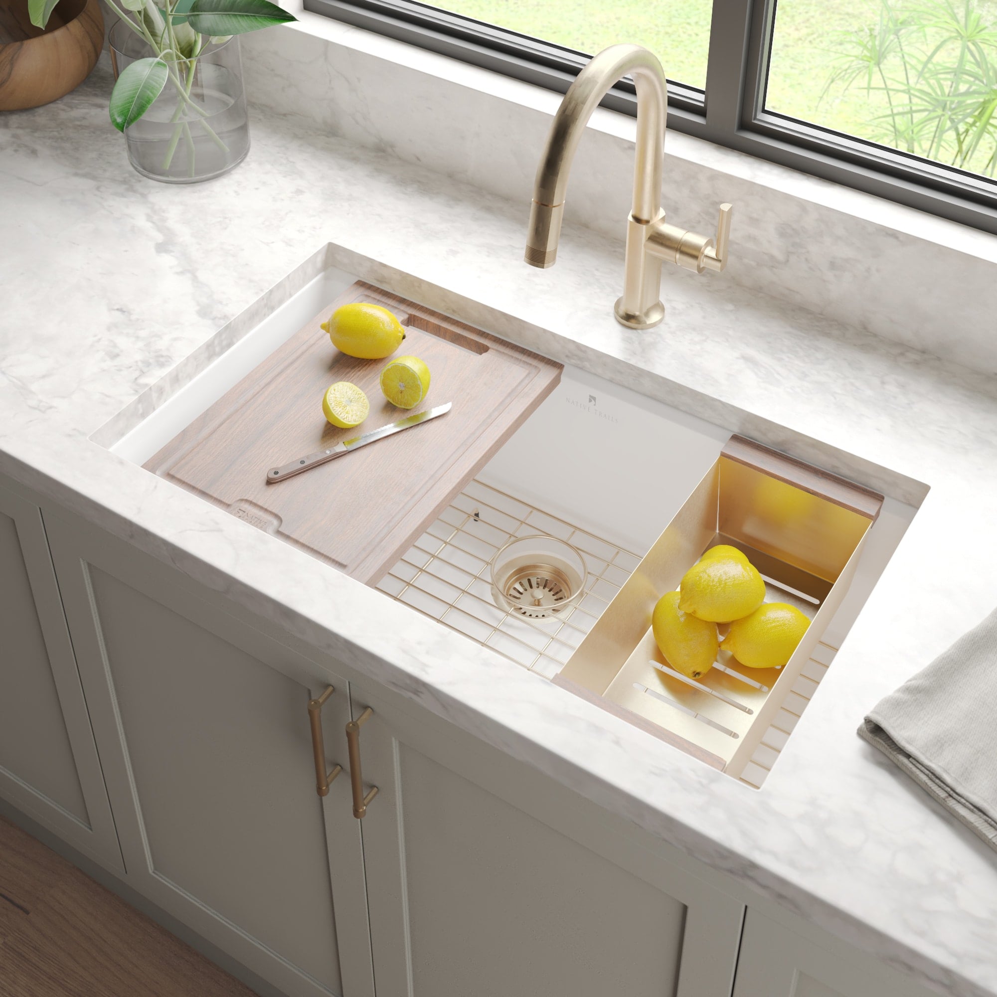 Native Trails Haven Concierge 34" Undermount Fireclay Workstation Kitchen Sink, White, FRKG3319-W