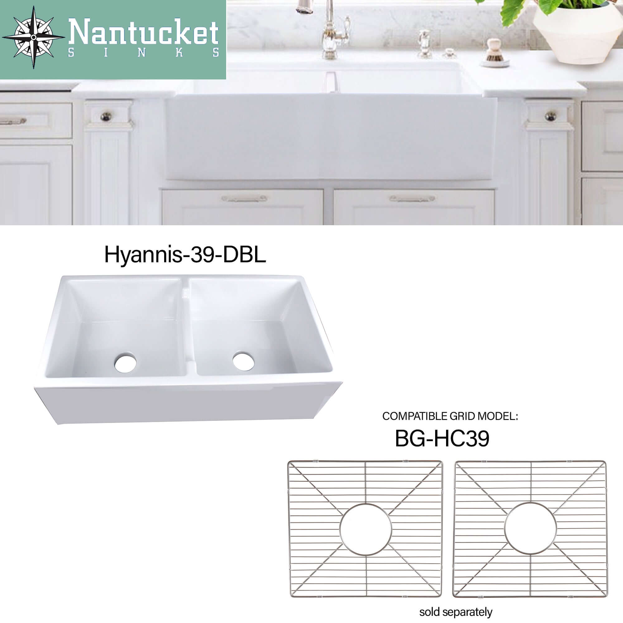 Alternate Image for Nantucket Sinks Cape 40" Fireclay Farmhouse Sink, 50/50 Double Bowl, White, Hyannis-39-DBL