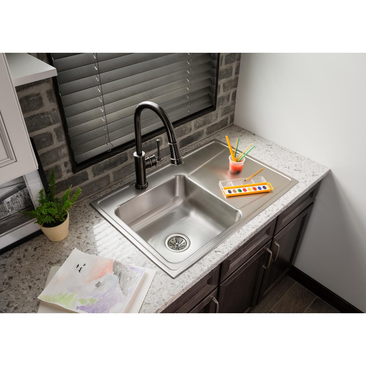 Elkay Lustertone Classic 33" Drop In/Topmount Stainless Steel Kitchen Sink, Lustrous Satin, Includes Drainboard, 2 Faucet Holes, ILR3322L2
