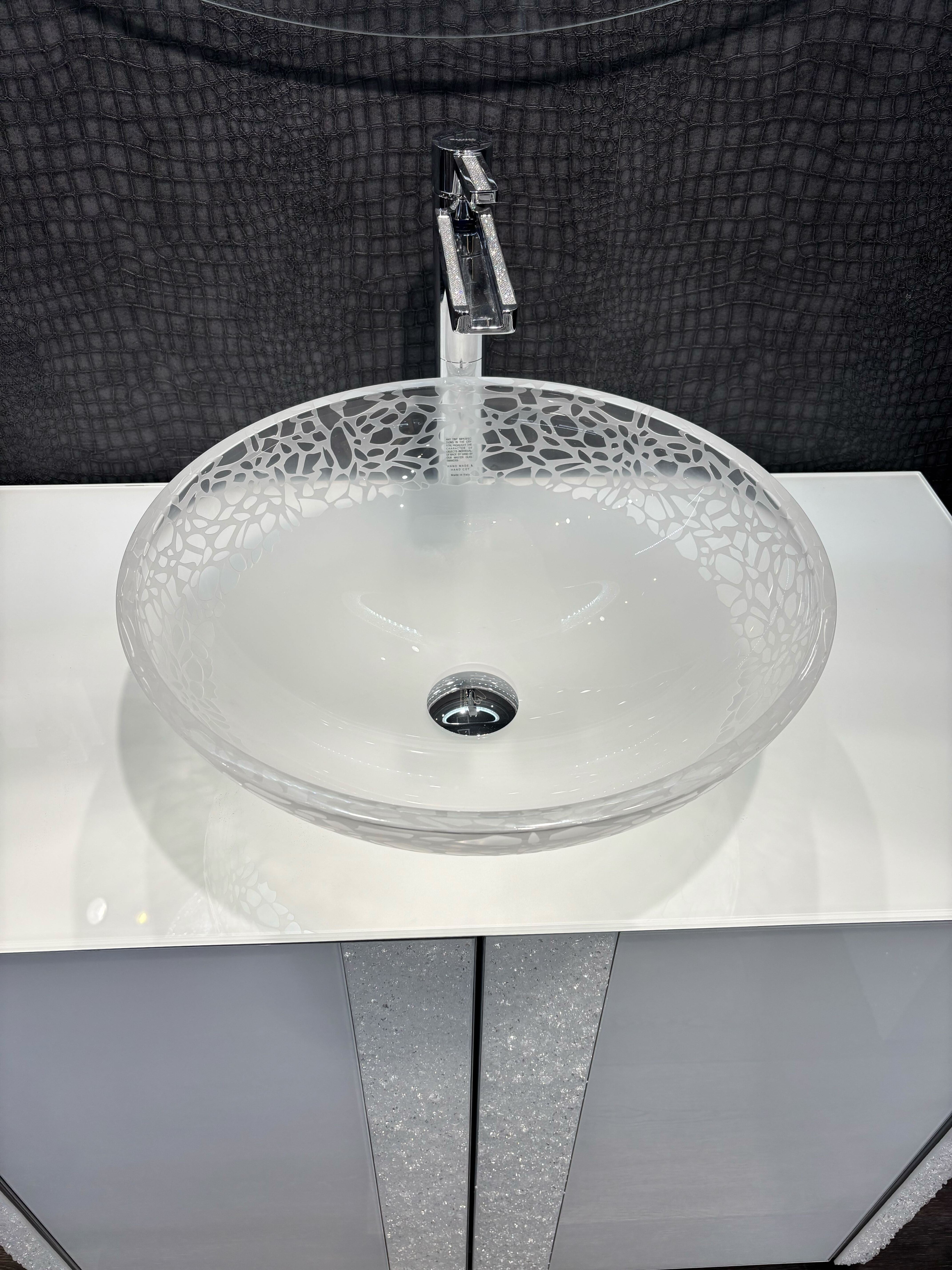 MaestroBath 17" Camelia Luxury Crystal ADA Oval Bathroom Sink, Matte, Glass, Matt White, ATE-CAM-WHM