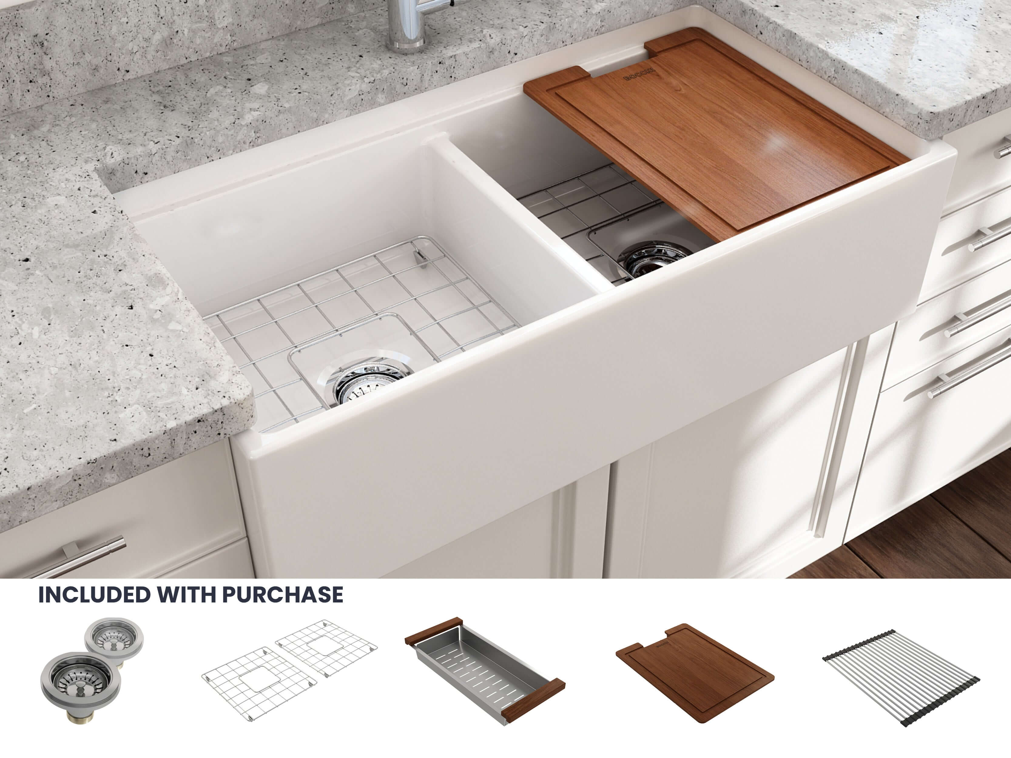 Alternate Image for BOCCHI Contempo 36" Fireclay Workstation Farmhouse Sink with Accessories, 50/50 Double Bowl, White, 1348-001-0120