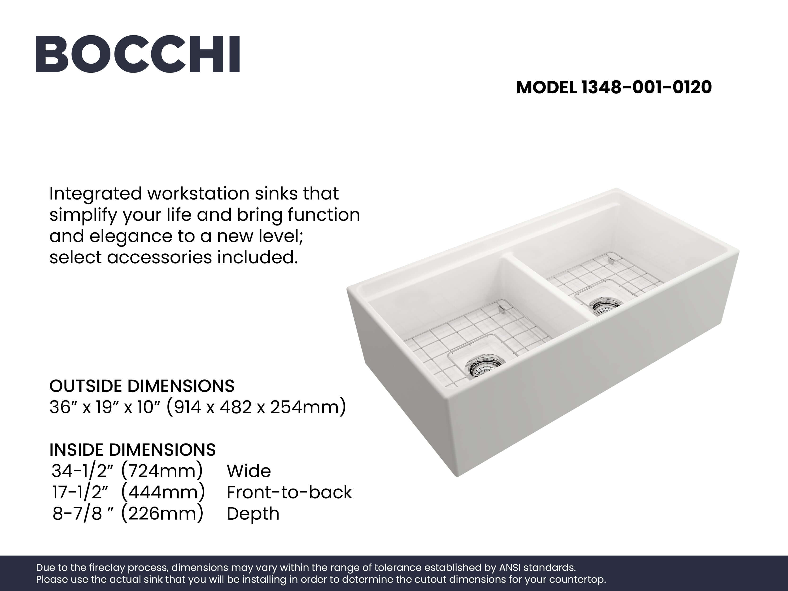 Alternate Image for BOCCHI Contempo 36" Fireclay Workstation Farmhouse Sink with Accessories, 50/50 Double Bowl, White, 1348-001-0120