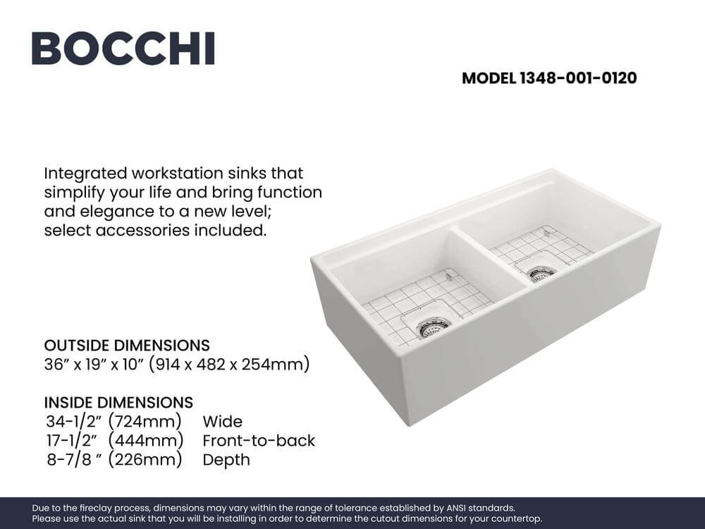 BOCCHI Contempo 36" White Fireclay Workstation Farmhouse Sink Kit with Stainless Steel Faucet and Accessories, 50/50 Double Bowl, 1348-001-2020SS