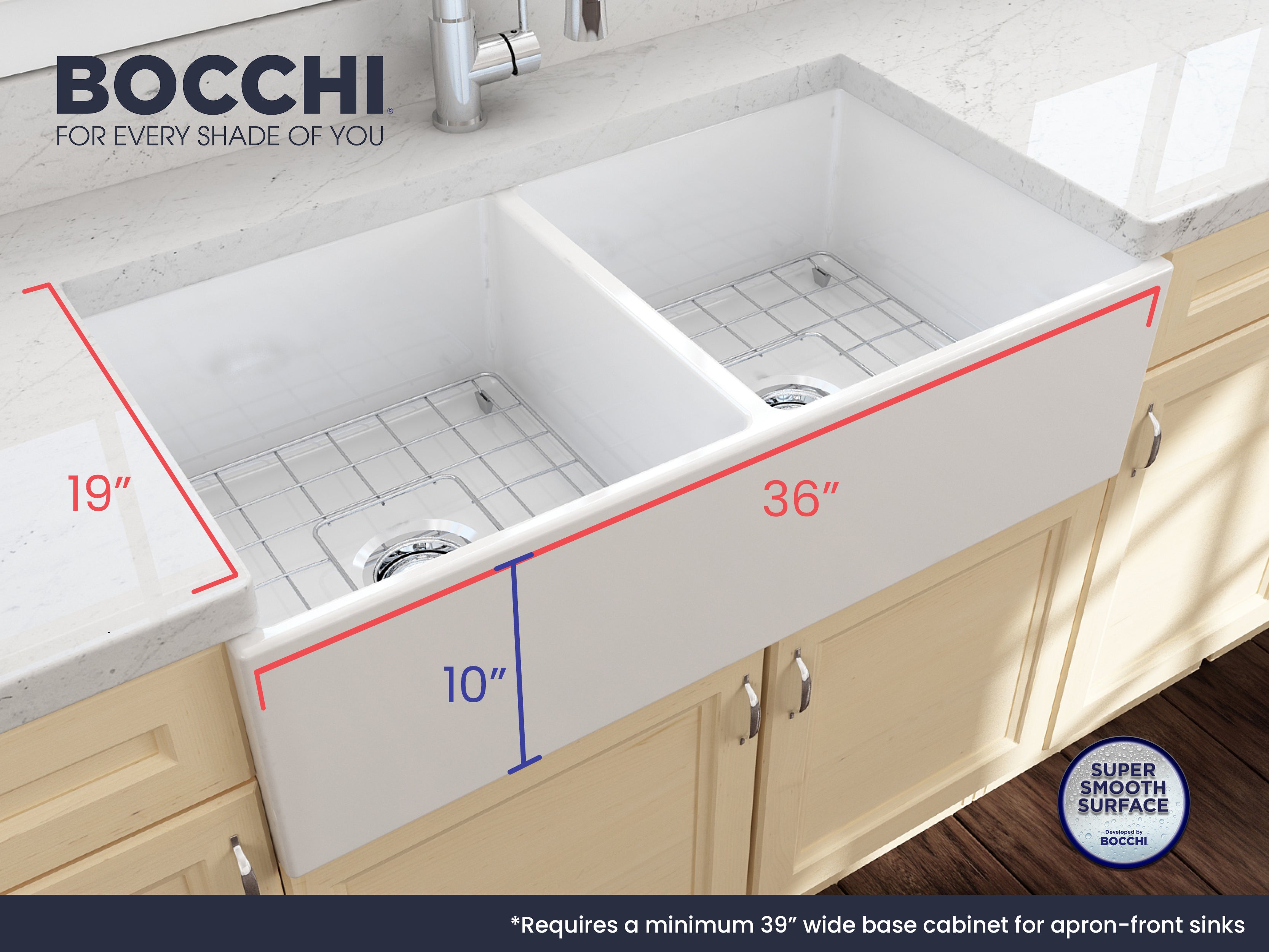 Alternate Image for BOCCHI Contempo 36" Fireclay Farmhouse Apron 50/50 Double Bowl Kitchen Sink, White, 1350-001-0120