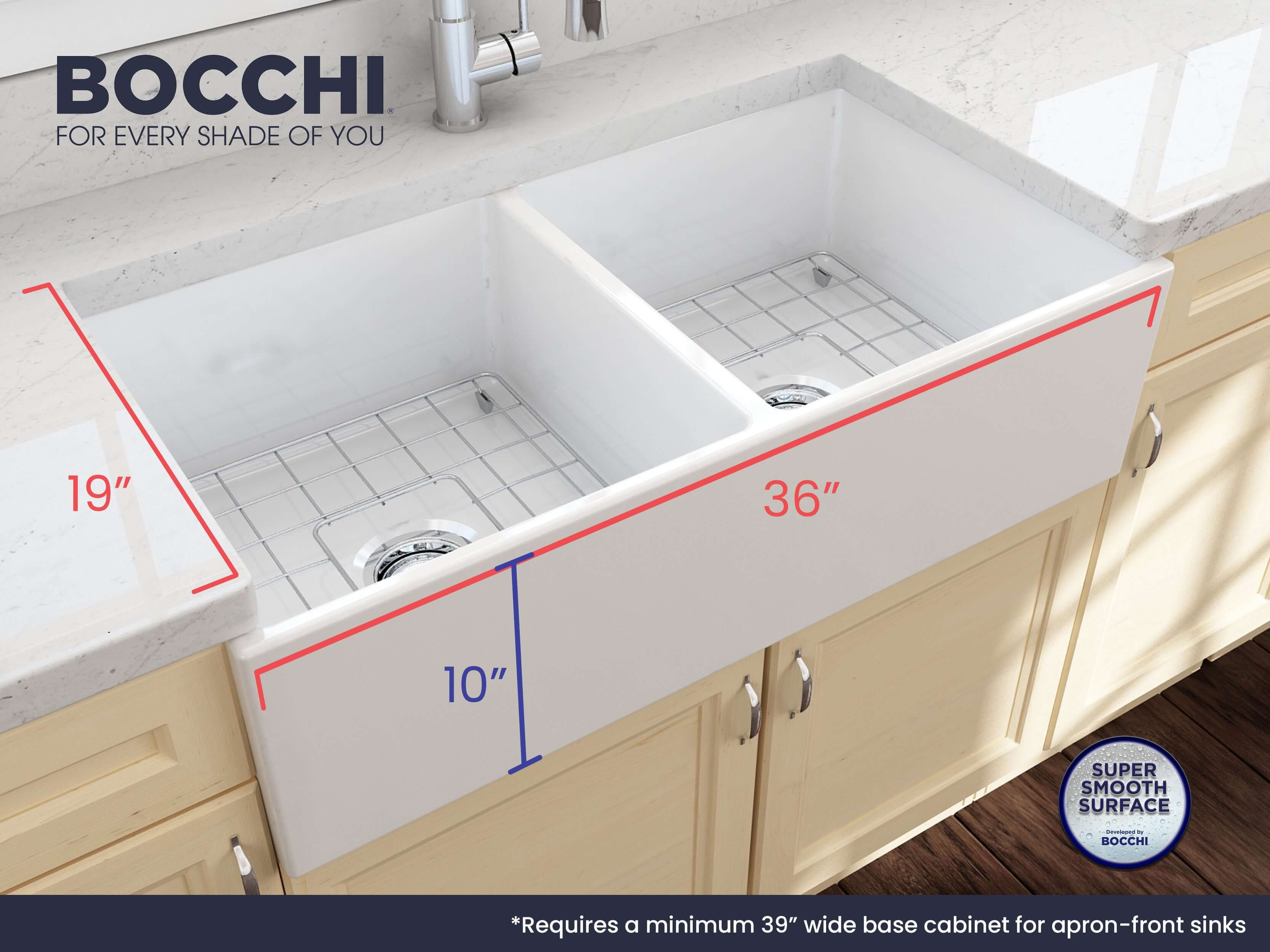 Alternate Image for BOCCHI Contempo 36" Fireclay Farmhouse Apron 50/50 Double Bowl Kitchen Sink, White, 1350-001-0120