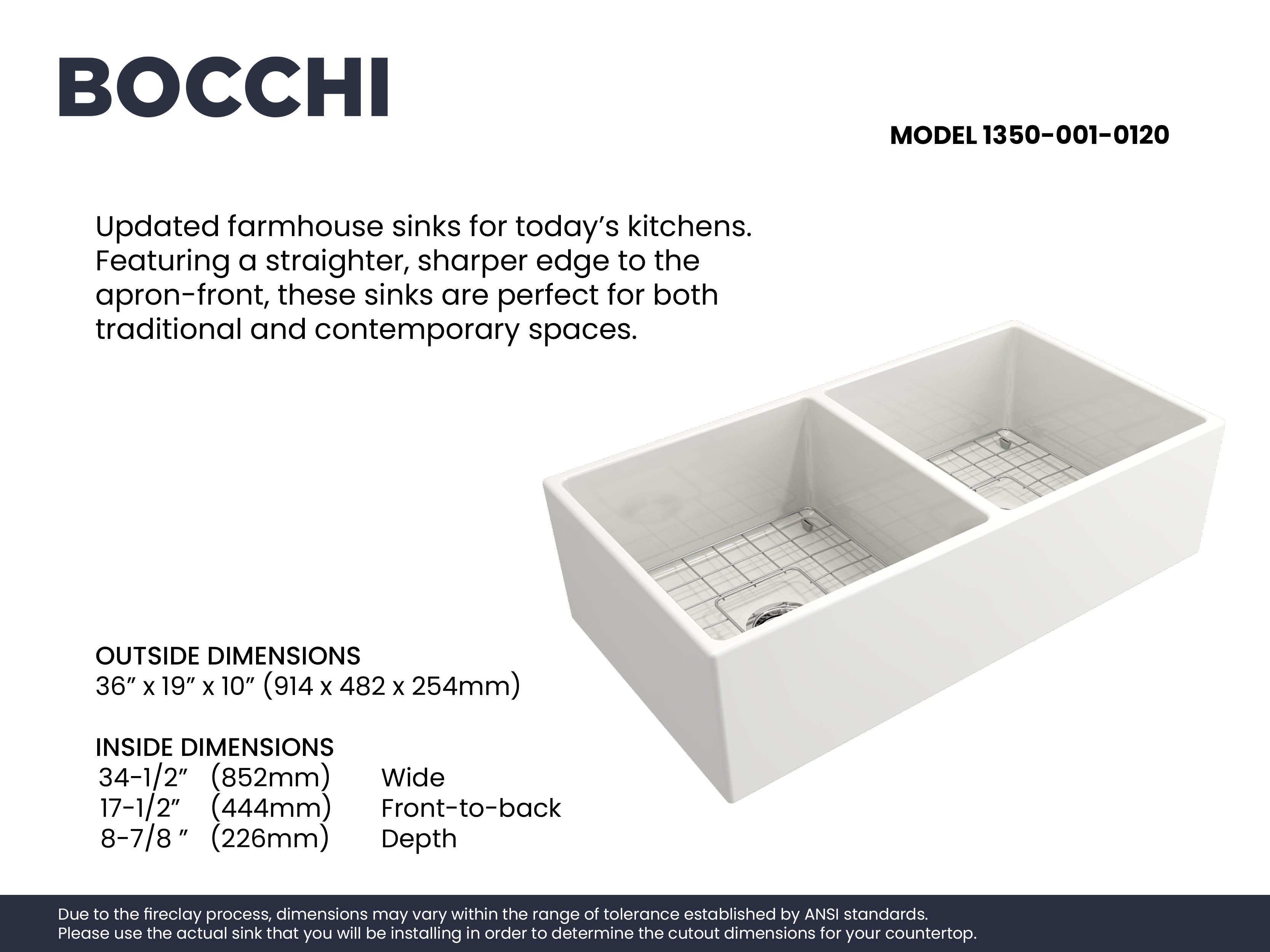 Alternate Image for BOCCHI Contempo 36" Fireclay Farmhouse Apron 50/50 Double Bowl Kitchen Sink, White, 1350-001-0120