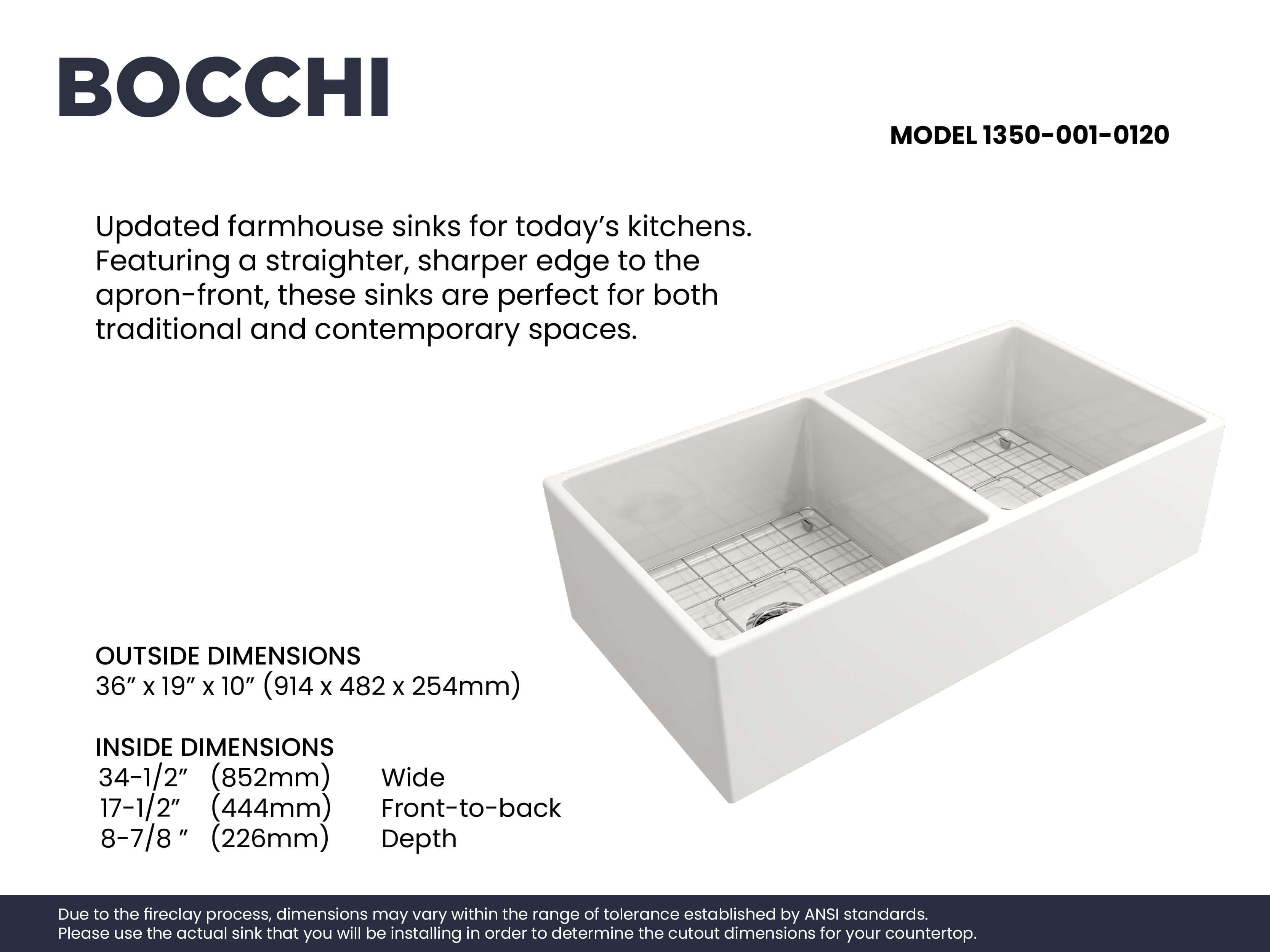 Alternate Image for BOCCHI Contempo 36" Fireclay Farmhouse Apron 50/50 Double Bowl Kitchen Sink, White, 1350-001-0120