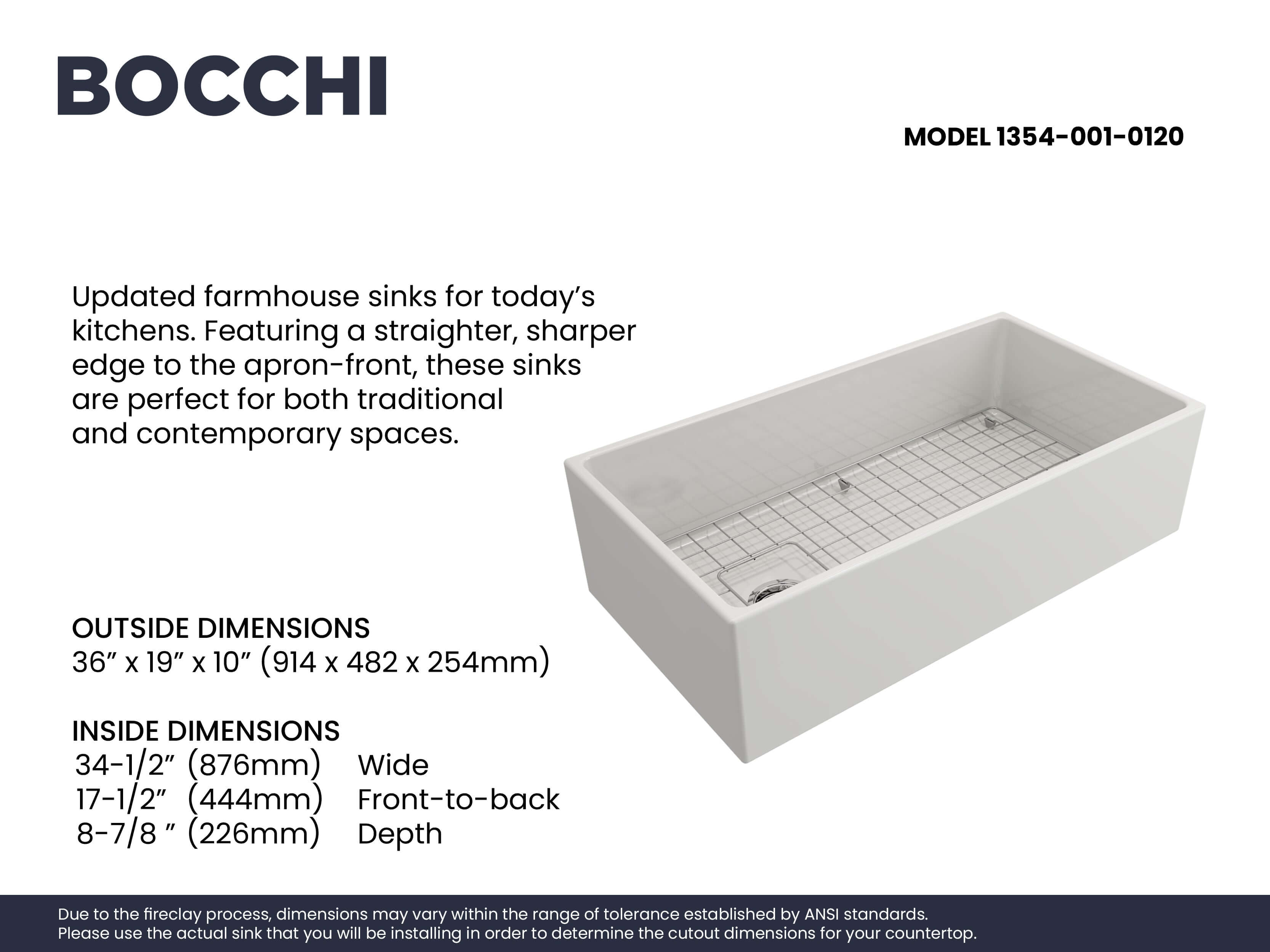 Alternate Image for BOCCHI Contempo 36" Fireclay Farmhouse Apron Single Bowl Kitchen Sink, White, 1354-001-0120