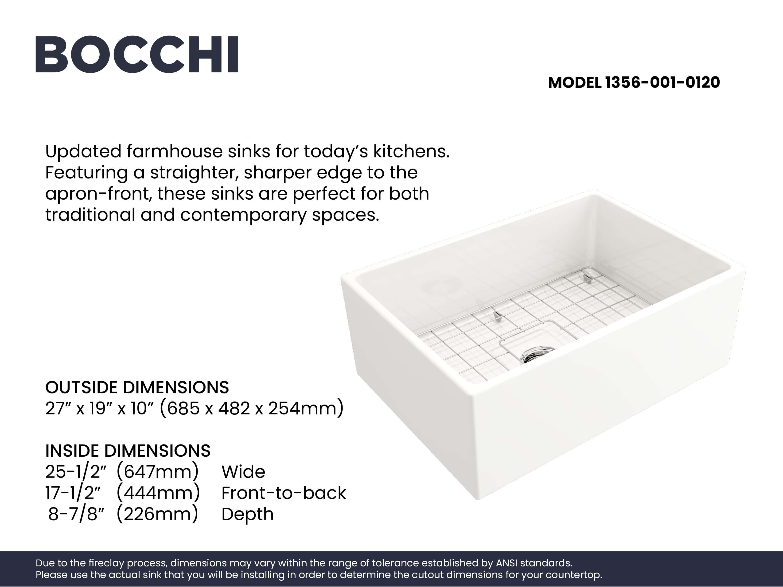 Alternate Image for BOCCHI Contempo 27" Fireclay Farmhouse Apron Single Bowl Kitchen Sink, White, 1356-001-0120