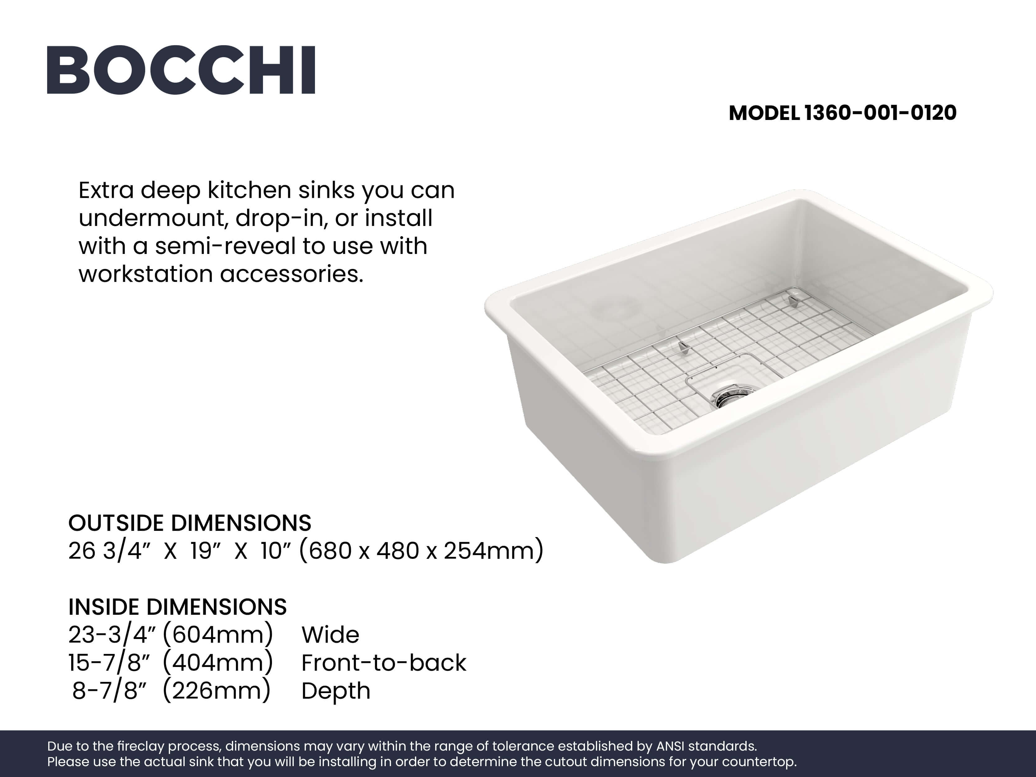 Alternate Image for BOCCHI Sotto 27" Fireclay Dual Mount Single Bowl Kitchen Sink, White, 1360-001-0120