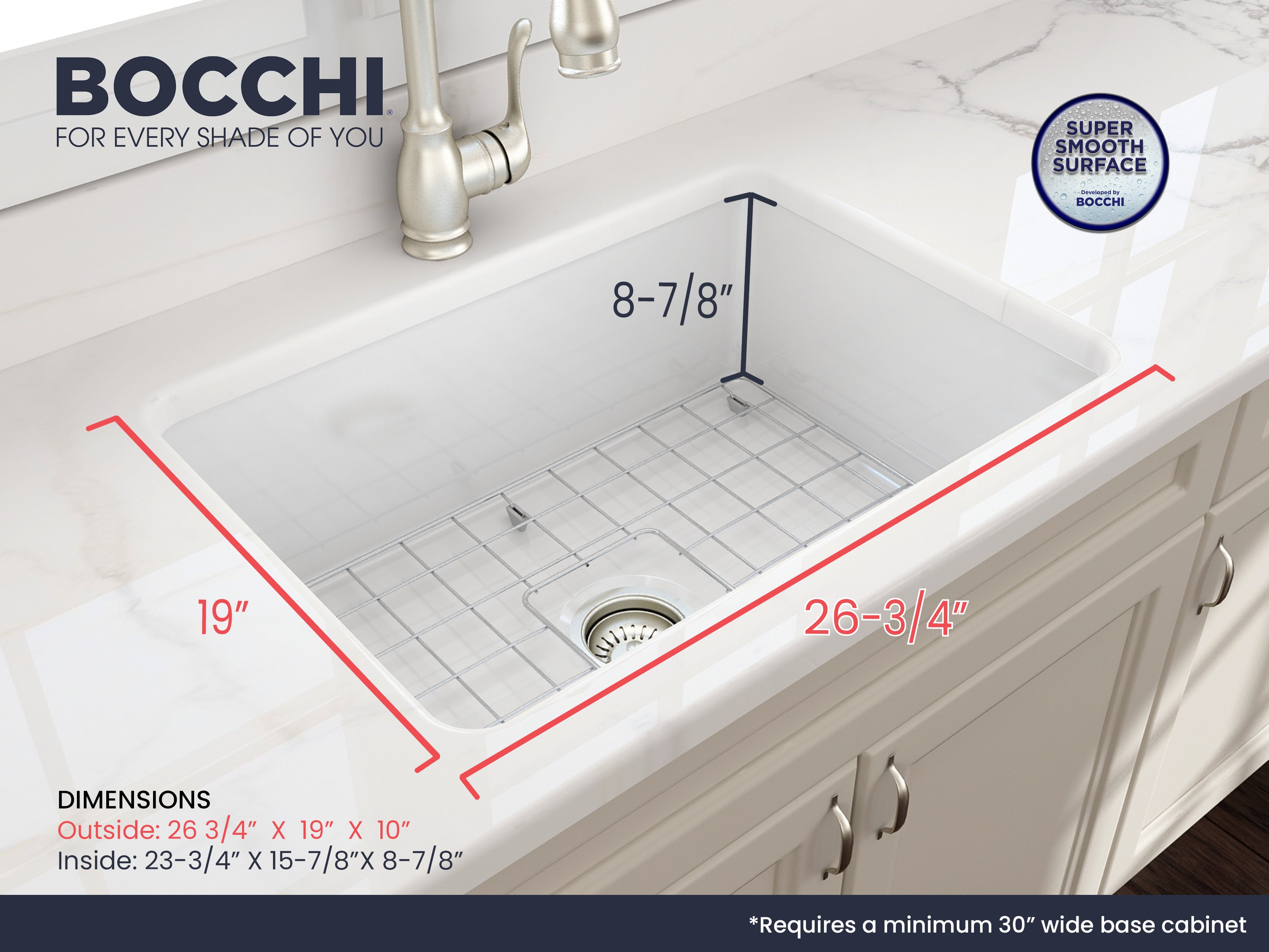 BOCCHI Sotto 27" White Fireclay Dual Mount Single Bowl Kitchen Sink Kit with Chrome Faucet and Accessories, 1360-001-2024CH