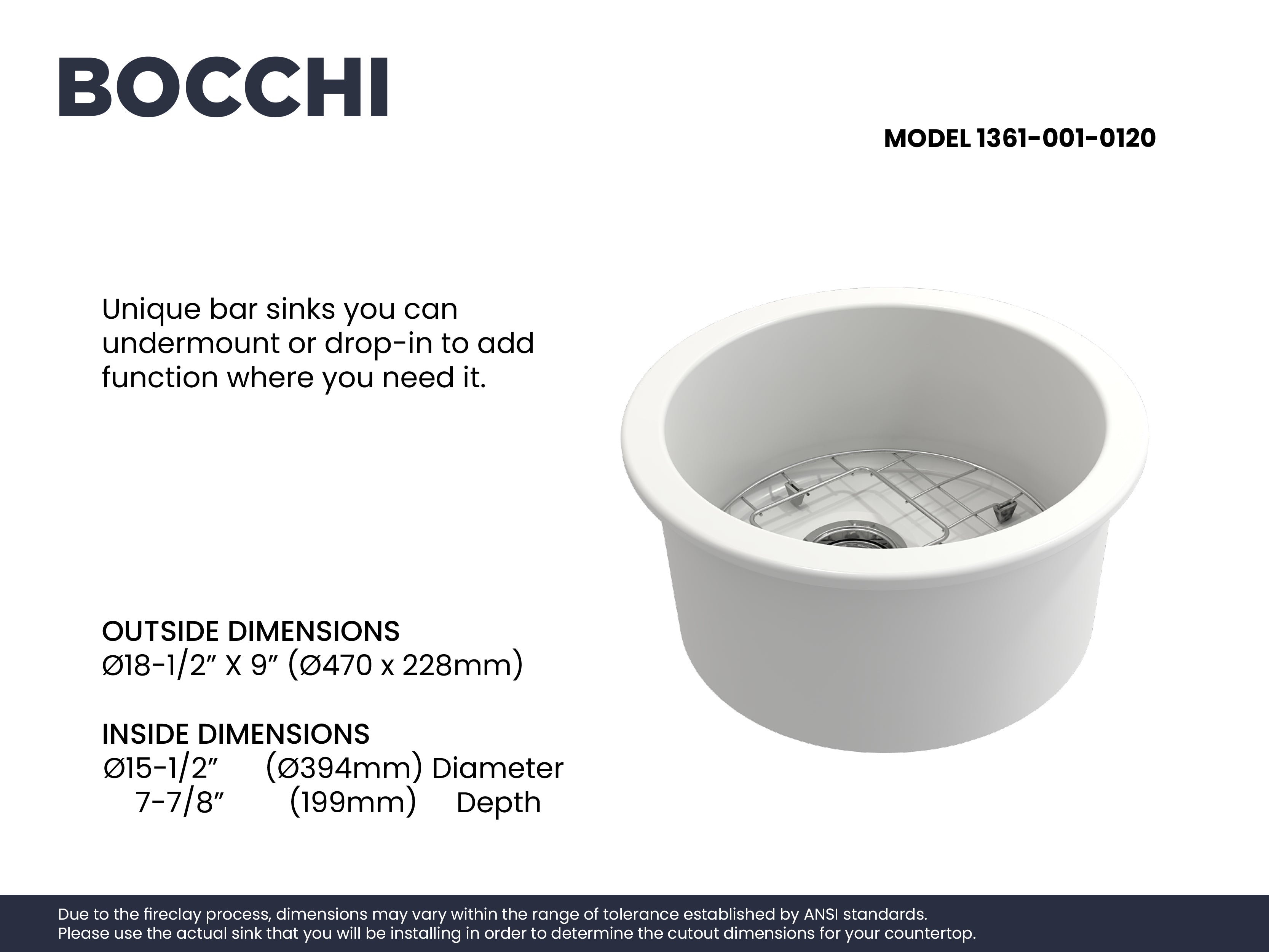 Alternate Image for BOCCHI Sotto 18.5" Round Fireclay Undermount Single Bowl Bar Sink with Protective Bottom Grid and Strainer, White, 1361-001-0120